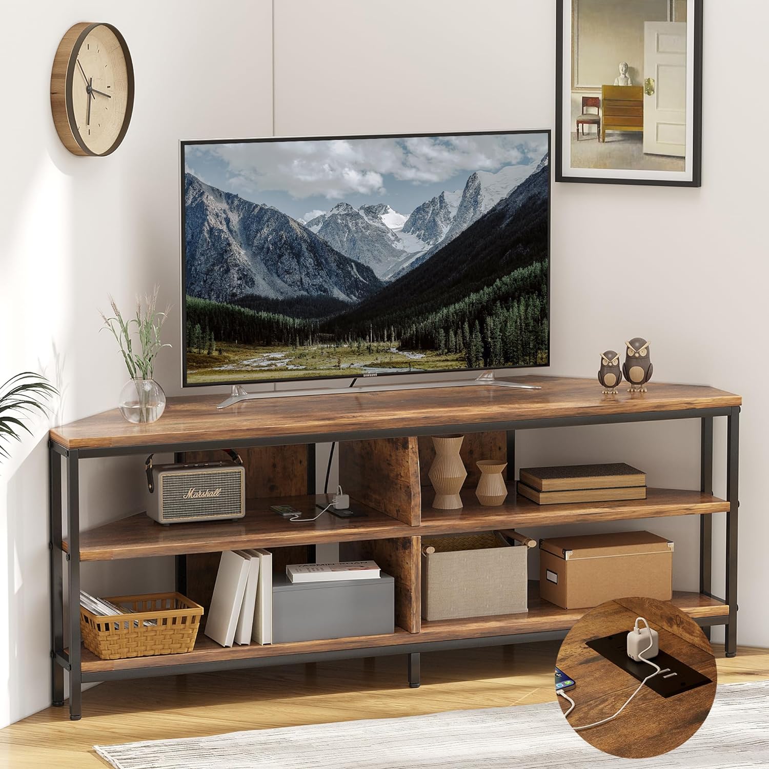 MUTUN Corner TV Stand with Power Outlet, Corner TV Stand for 32 43 50 55 60 Inch TV, Corner Entertainment Center, Industrial TV Console Table for Living Room Bedroom, 55 Inch, Rustic Brown