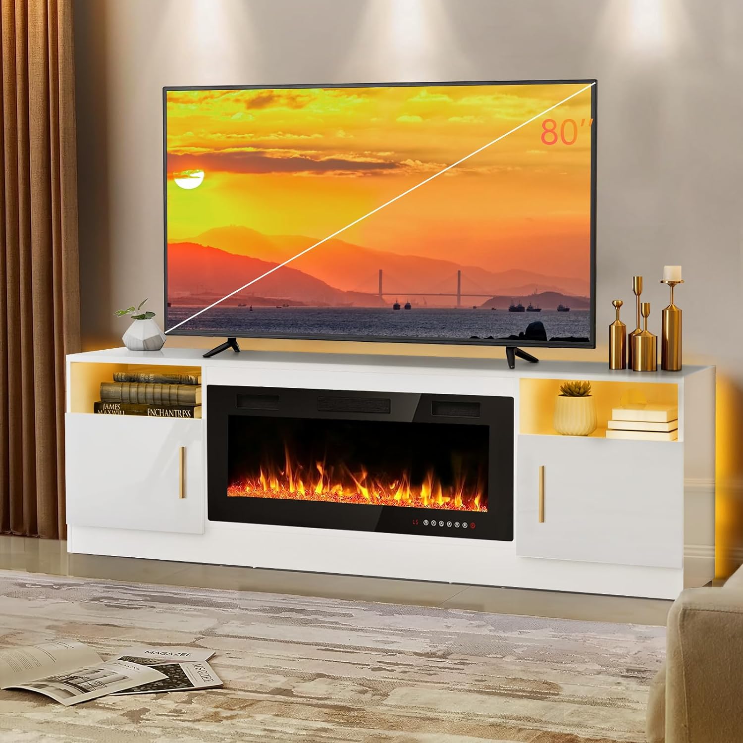 Lemberi Fireplace tv Stand with 36 inch Fireplace Up to 80 TVs,LED Light Entertainment Center and Storage, 70 Modern Wood Media TV Console with Highlight Cabinet for Living Room (White)