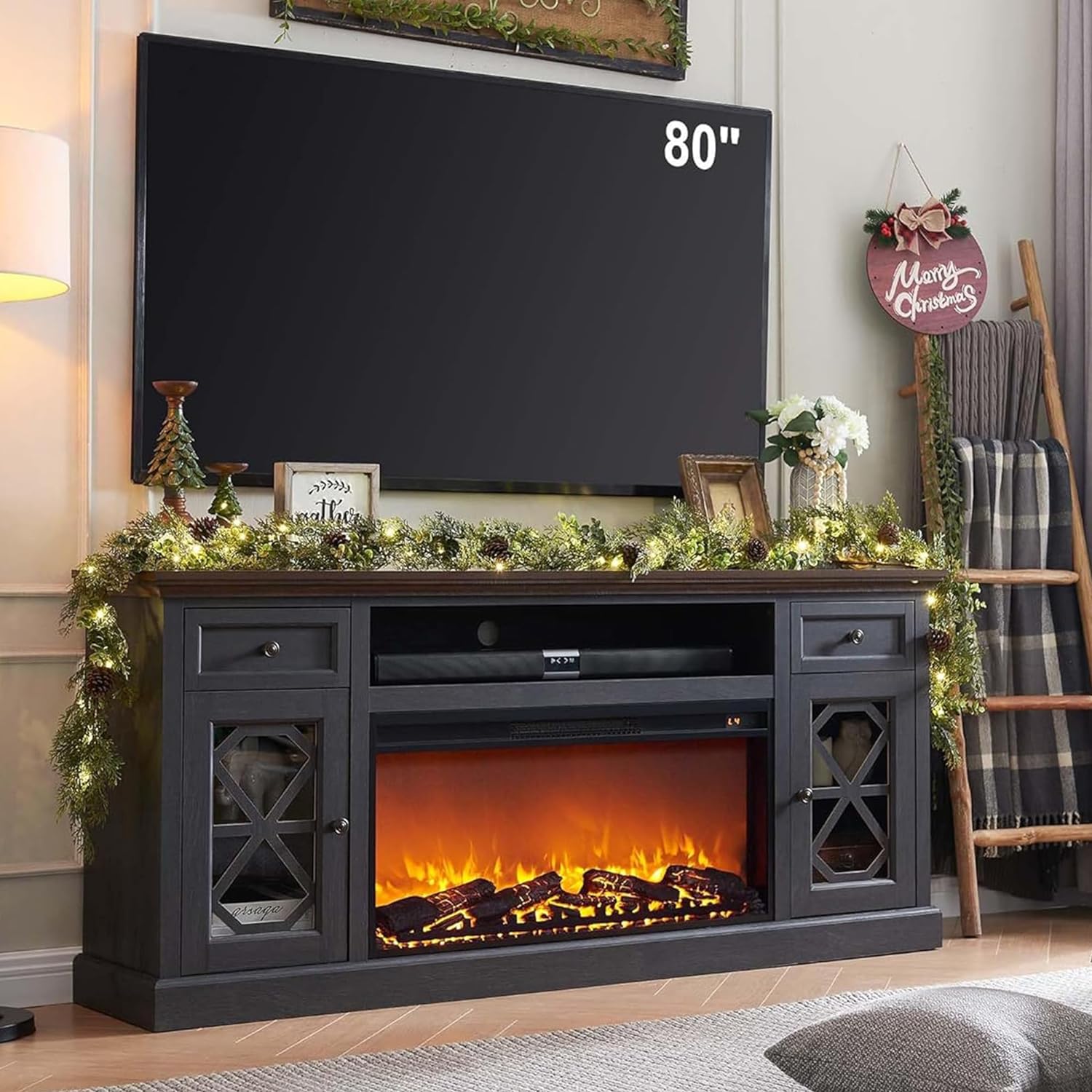 Farmhouse Fireplace TV Stand with 36 Electric Fireplace for 80 Inch TVs, 31 Tall Entertainment Center w/Drawer & Diamond Panel Door, Highboy Media Console for Living Room, 70inch, Dark Grey