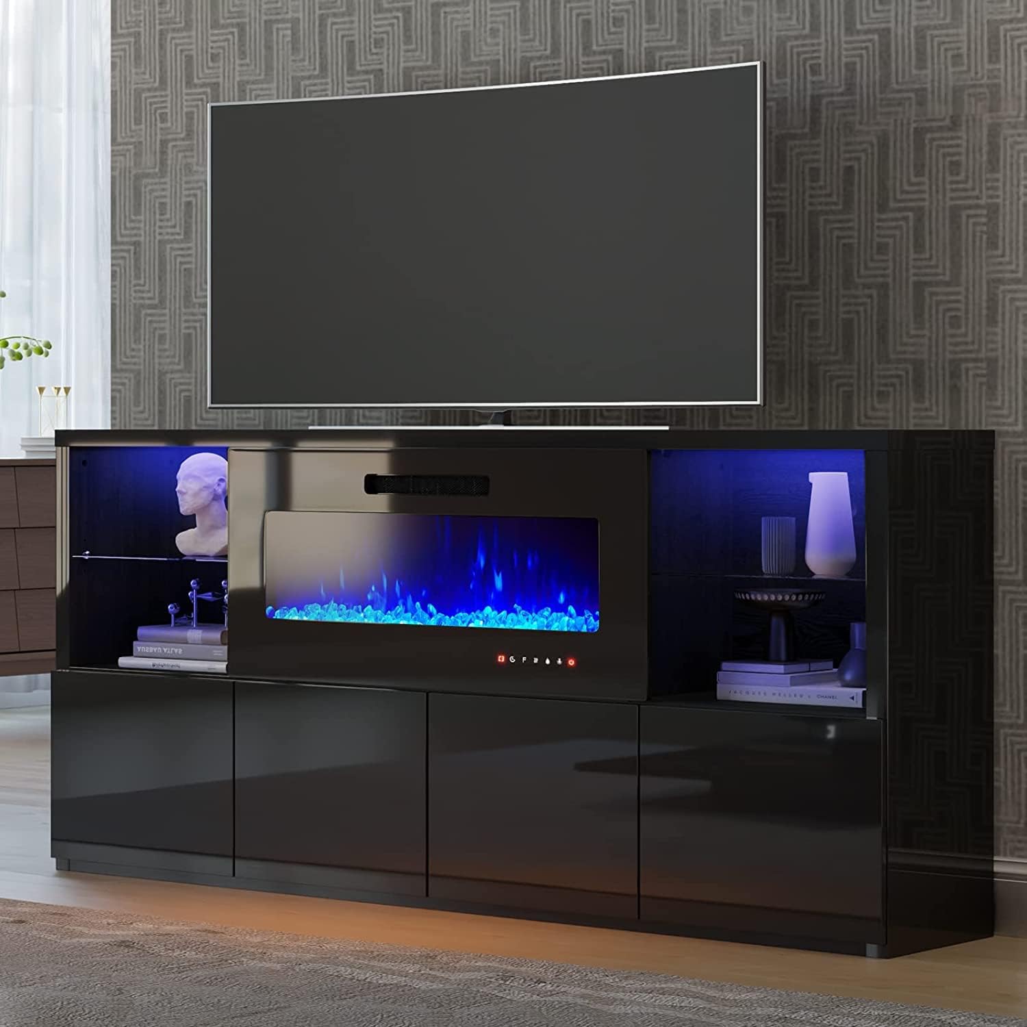 68 Fireplace TV Stand with 40 Electric Fireplace, Modern High Gloss Media Entertainment Center with LED Lights for TVs up to 78, TV Console Cabinet with Glass Shelves Lower Storage, Black