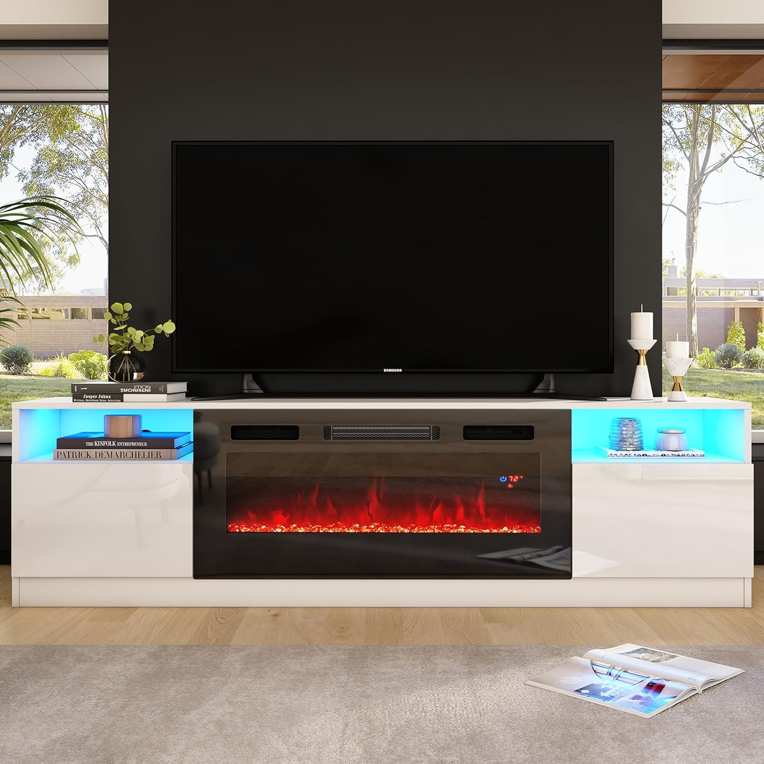 80 TV Stand with 40 Electric Fireplace Large Modern Matte Texture Media Entertainment Center with Highlight Storage Cabinet for TVs Up to 90, 80 inches, White&Black