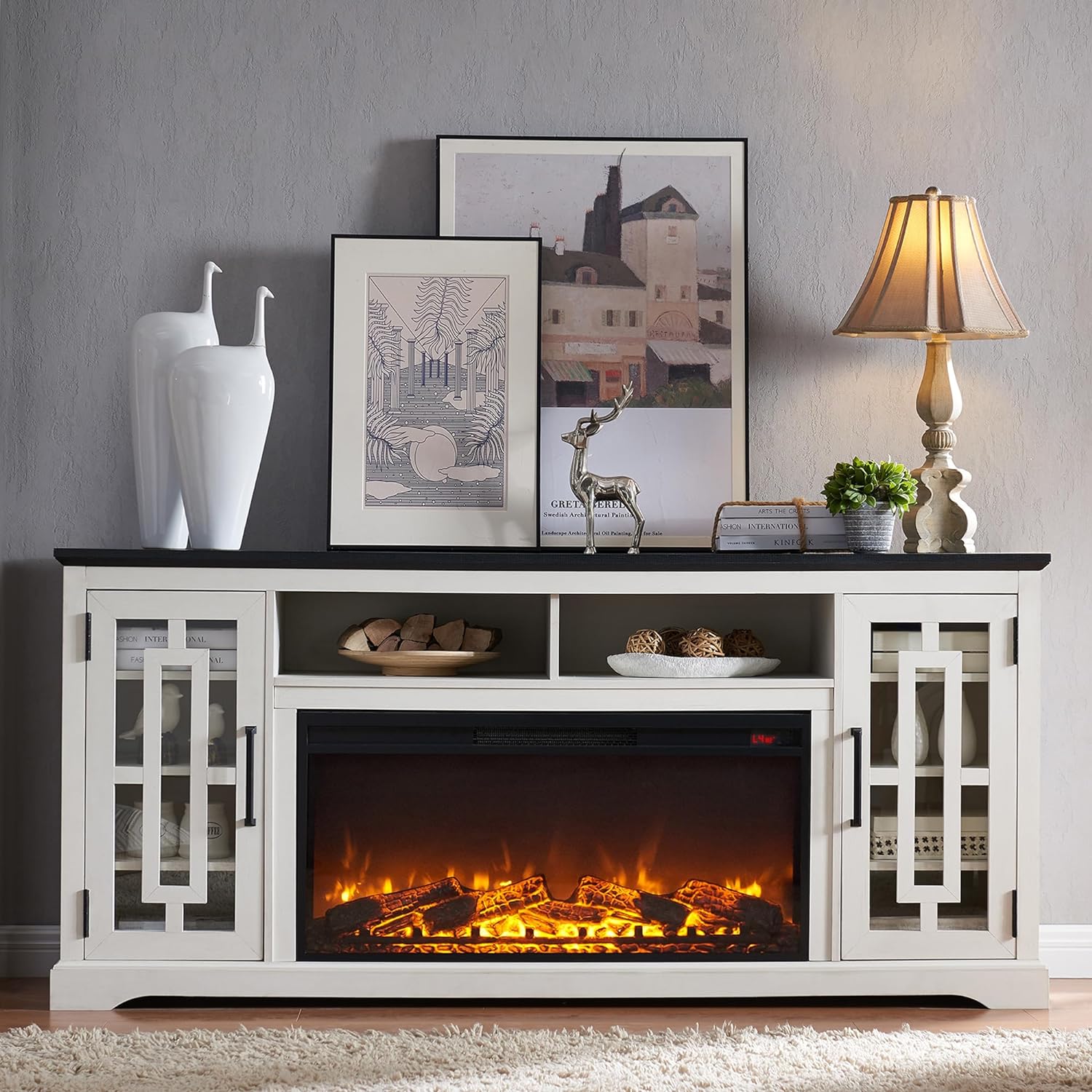 JXQTLINGMU Farmhouse Fireplace TV Stand with 36 Electric Fireplace for 80 Inch TV, 32 Tall Entertainment Center, Modern Media Console, 6 Shelves Storage Cabinet for Living Room, Distressed White