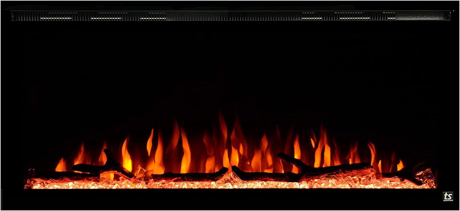 Touchstone Sideline Elite Smart Electric Fireplace - Alexa/WiFi Enabled- 42 Inch Wide - in Wall Recessed - 60 Color Combinations - Heater (68-88F Thermostat) - Black - Log, Crystals, and Driftwood