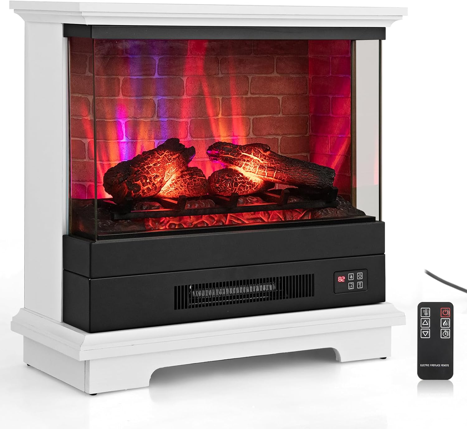 COSTWAY Electric Fireplace with 3-Sided Glass 27-inch Wide, 1400W Freestanding Fireplace Heater with Remote Control, 7-Level Vivid Flame, Thermostat, 0.5-6H Timer, Overheating Protection, White