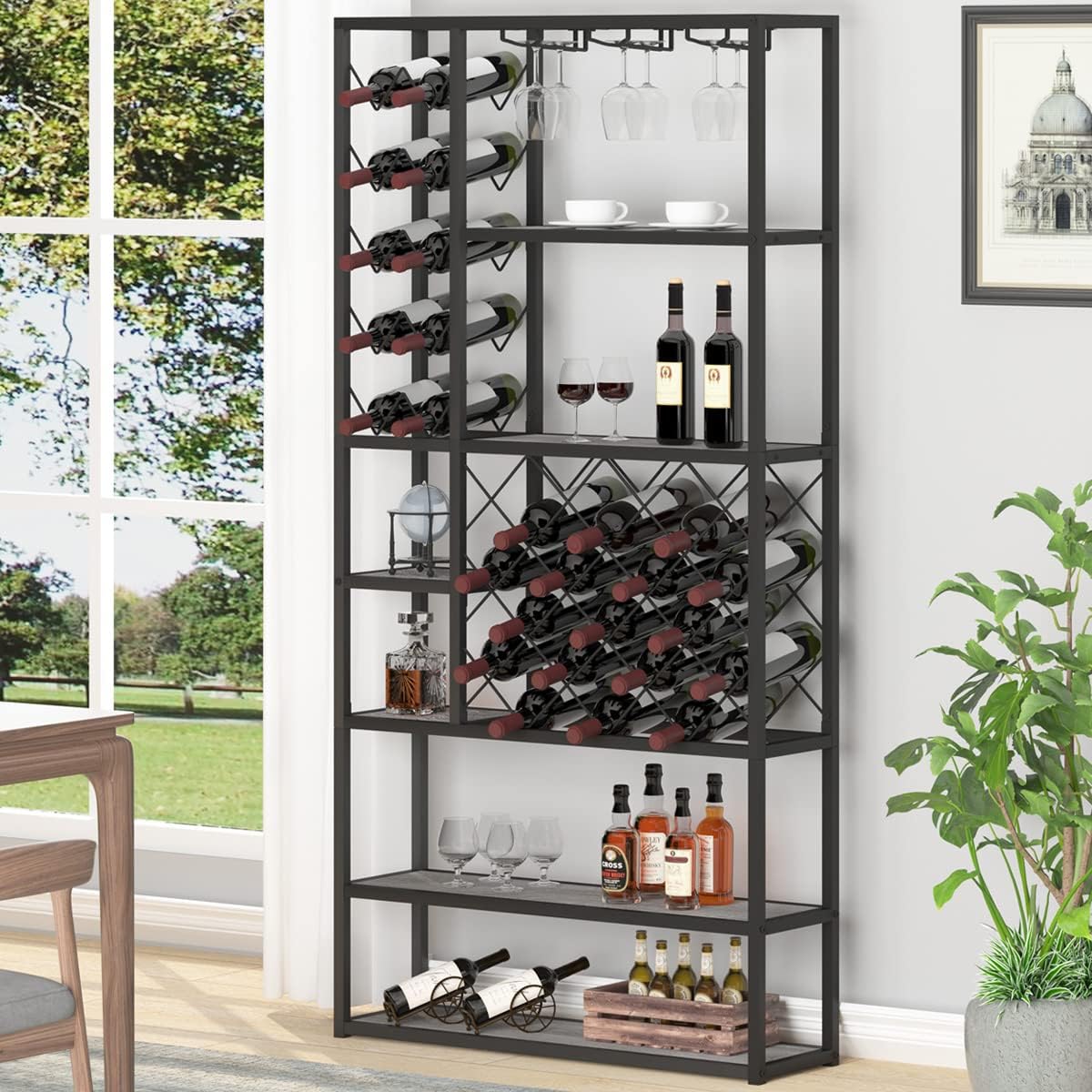 Industrial Wine Rack Freestanding Floor, Farmhouse Tall Coffee Bar Cabinet with Storage, Wood Metal Stackable Bakers Rack, Modern Buffet Cabinet for Home Kitchen Dining Room, Light Grey Oak