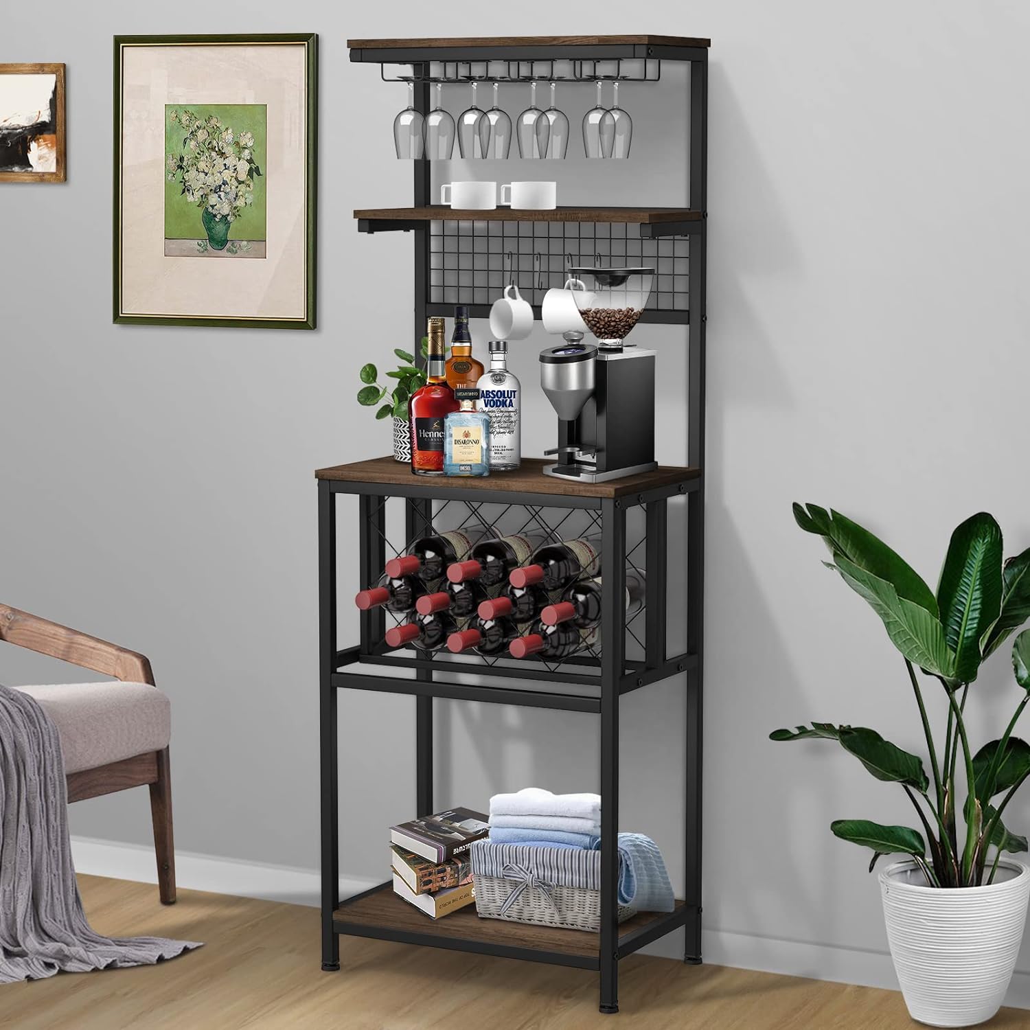 Wine Rack Table, FreeStanding Wine Bar Rack, Modern Wine Bar Cabinet with Storage, Bar Cabinet with Glass Bottle Holder, Floor Liquor Wine Cabinet Storage for Home Kitchen