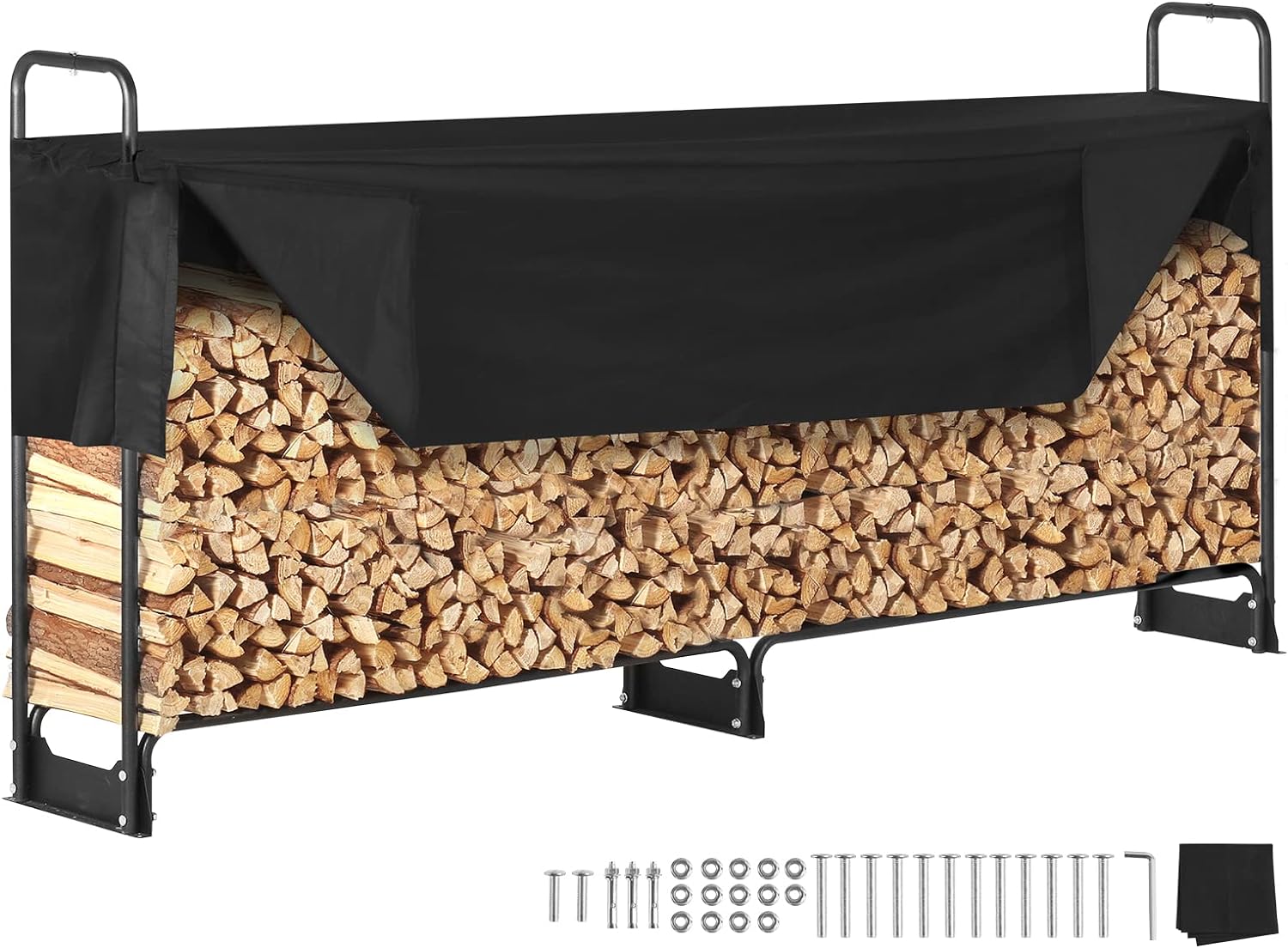 8.5FT Outdoor Firewood Rack with Cover, 102x14.2x46.1 in, Heavy Duty Firewood Holder & 600D Oxford Waterproof Cover for Fireplace, Patio, Indoor/Outdoor Log Storage Rack for 1/2 Cord of Firewood