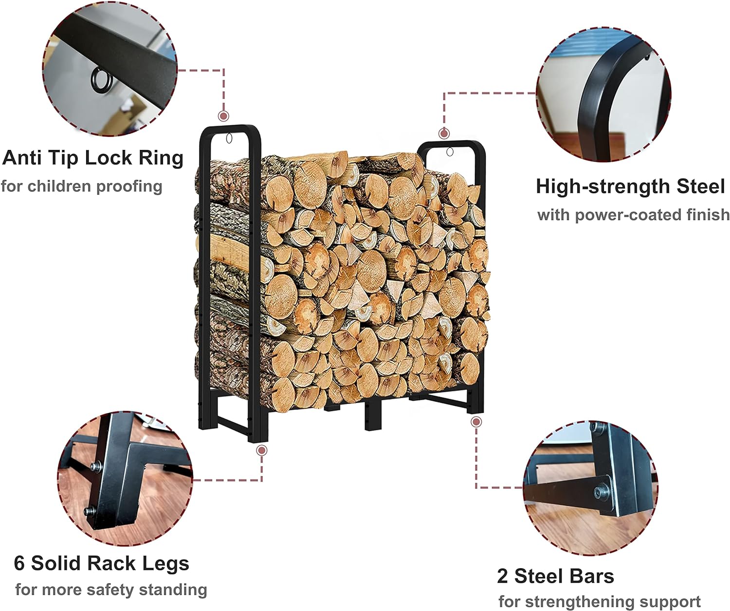 Artibear 3FT Firewood Rack Stand Heavy Duty Logs Holder for Outdoor Indoor Fireplace Metal Wood Pile Storage Stacker Organzier, Matte Black