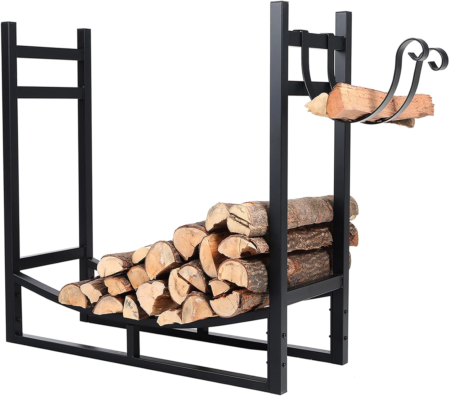 PHI VILLA Heavy Duty Firewood Racks Indoor/Outdoor Log Rack with Kindling Holder, 30 Inches Tall, Black