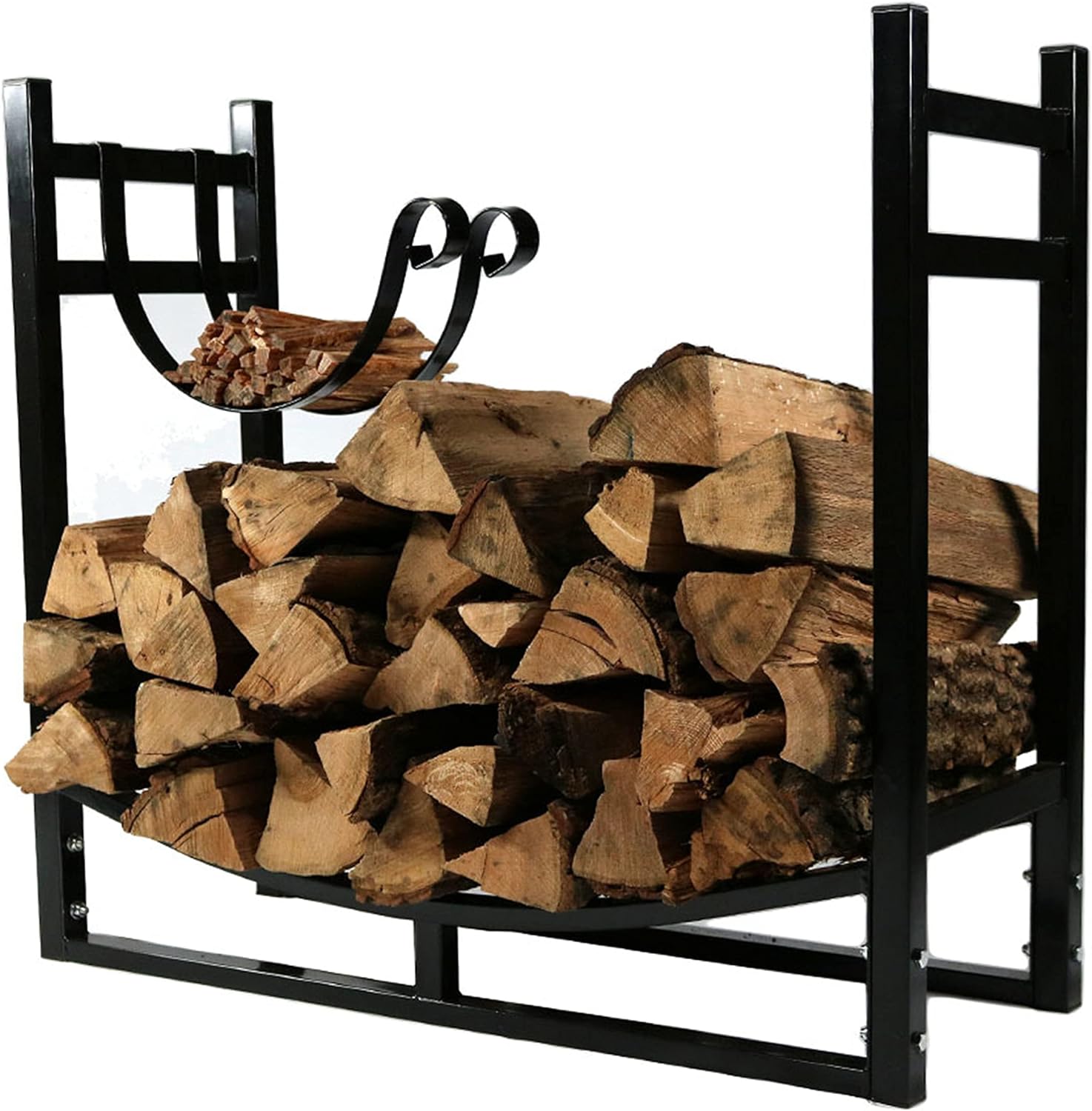 Sunnydaze Firewood Log Rack with Kindling Holder - Indoor/Outdoor Powder-Coated Steel - 33 Inch Wide x 30 Inch Tall - Black