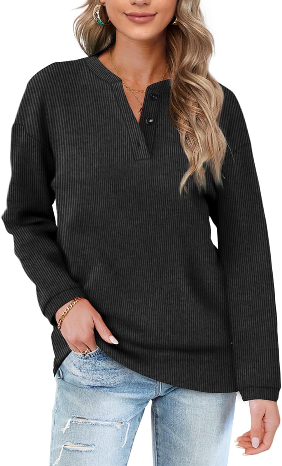 OFEEFAN Womens Casual Sweatshirts Henley Button Up Long Sleeve Tunic Tops