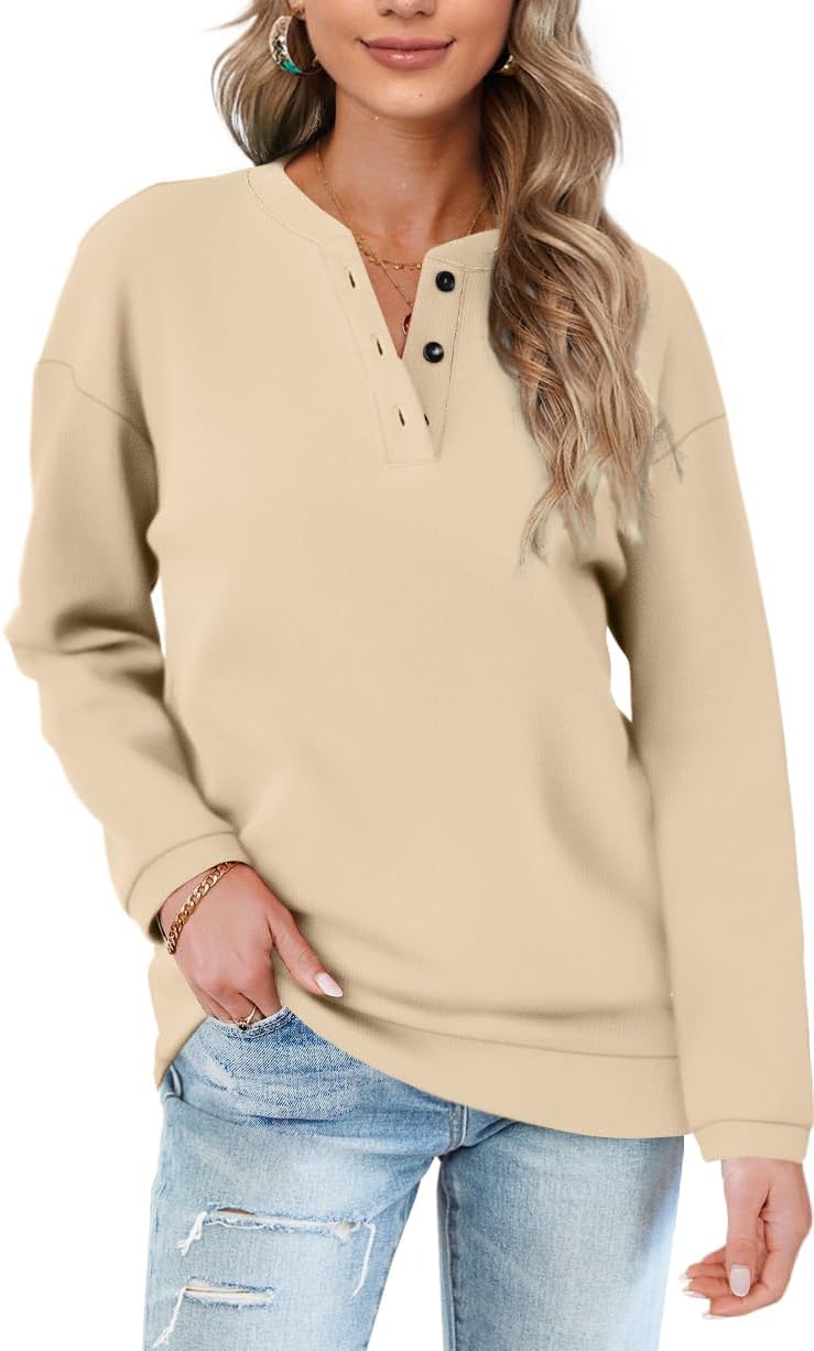 OFEEFAN Womens Casual Sweatshirts Henley Button Up Long Sleeve Tunic Tops