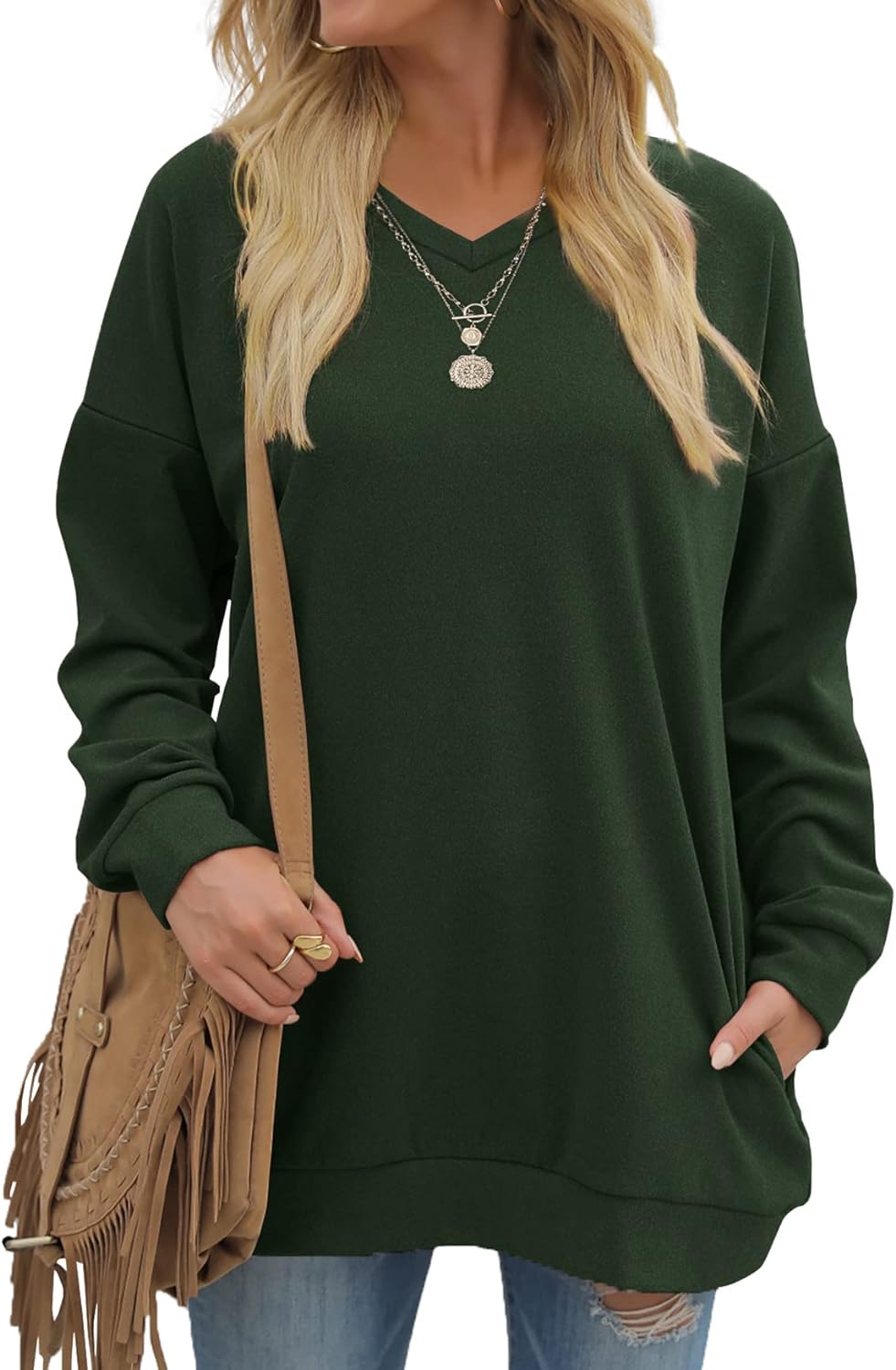 OFEEFAN Women' Sweatshirts V Neck Oversized Long Sleeve Pockets Top