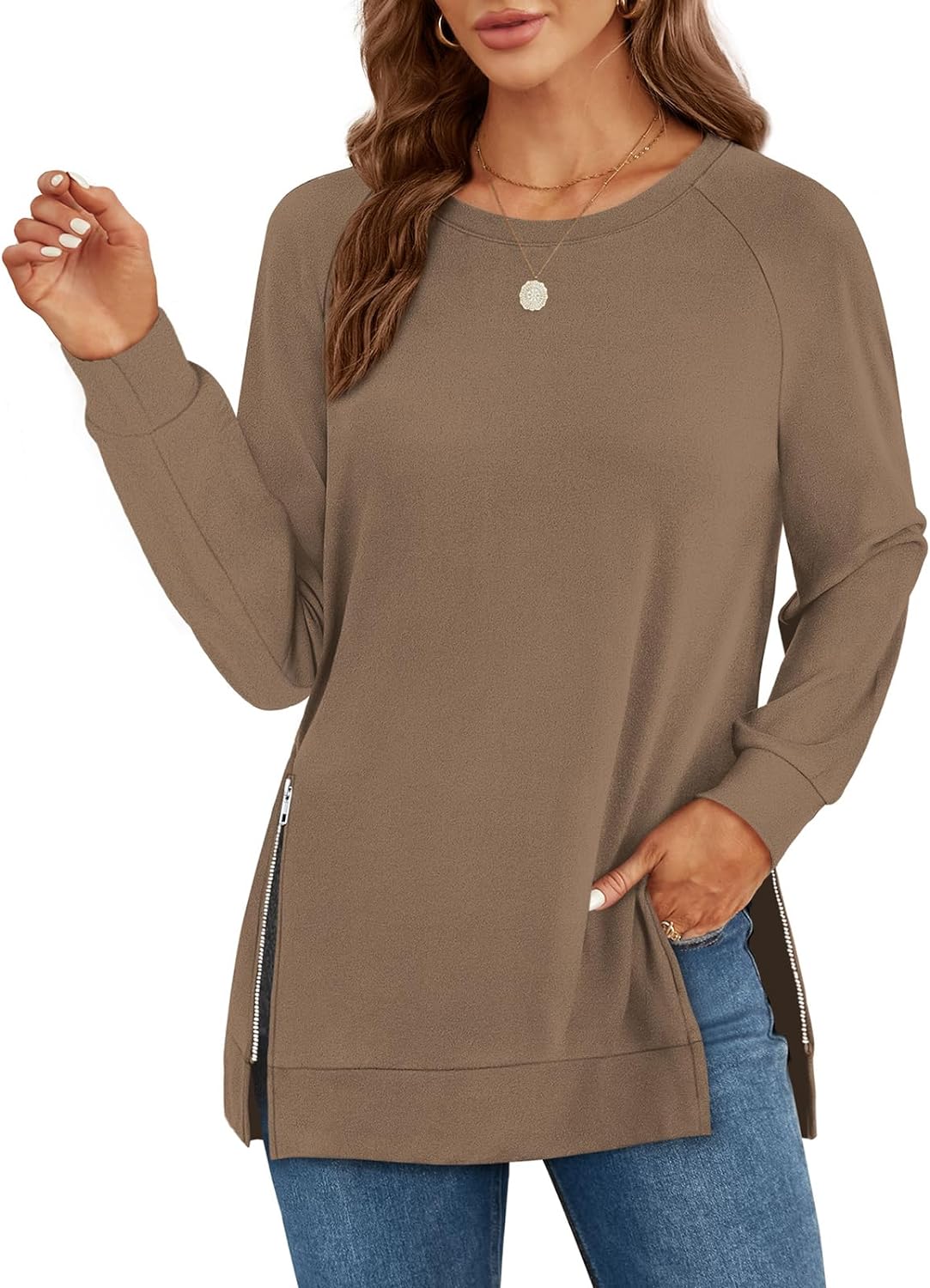 OFEEFAN Women' Sweatshirts Long Sleeve Tunic Tops Crew Neck with Side Zipper Shirt 2023