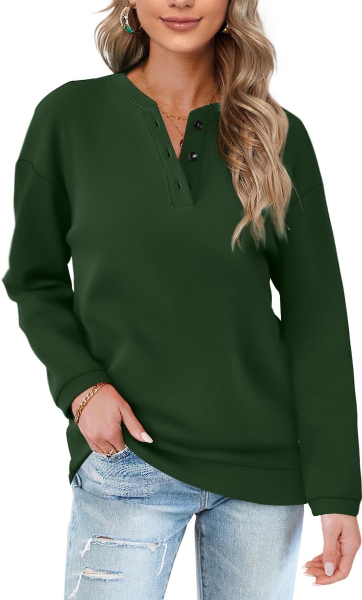 OFEEFAN Womens Casual Sweatshirts Henley Button Up Long Sleeve Tunic Tops