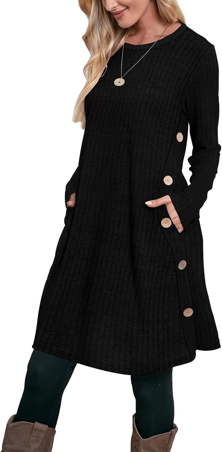 OFEEFAN Women' Winter Dresses Long Sleeve Dress with Pockets Buttons Side