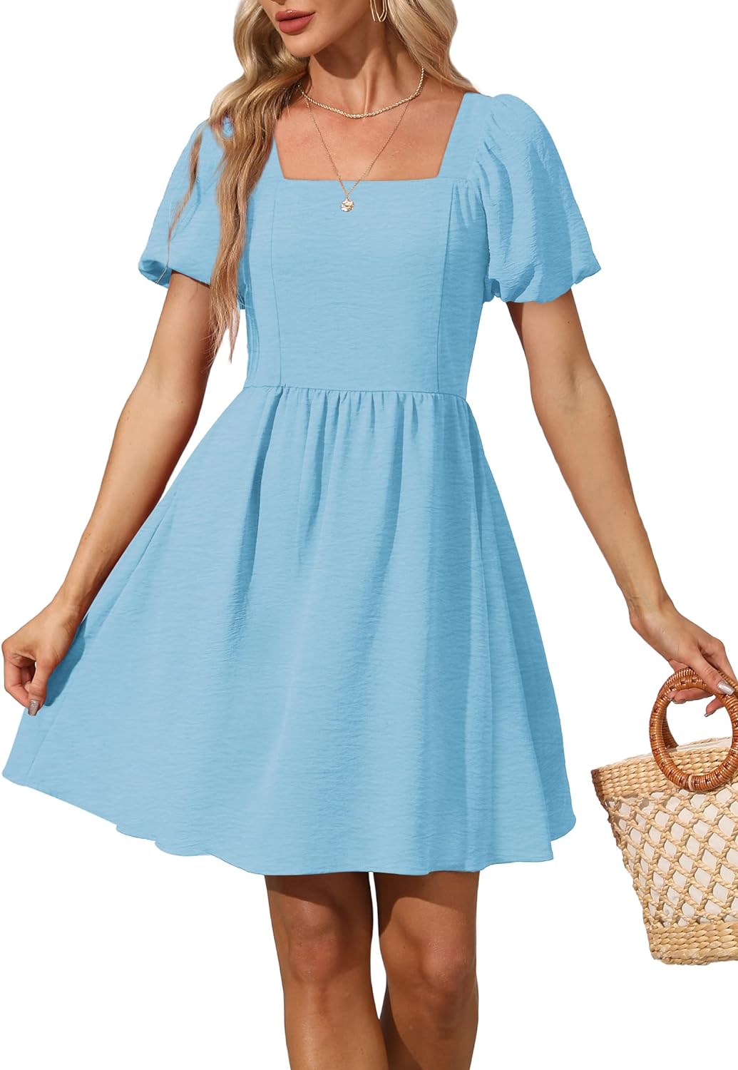 Women Puff Sleeve Square Neck Tie in Back Dresses with Zipper