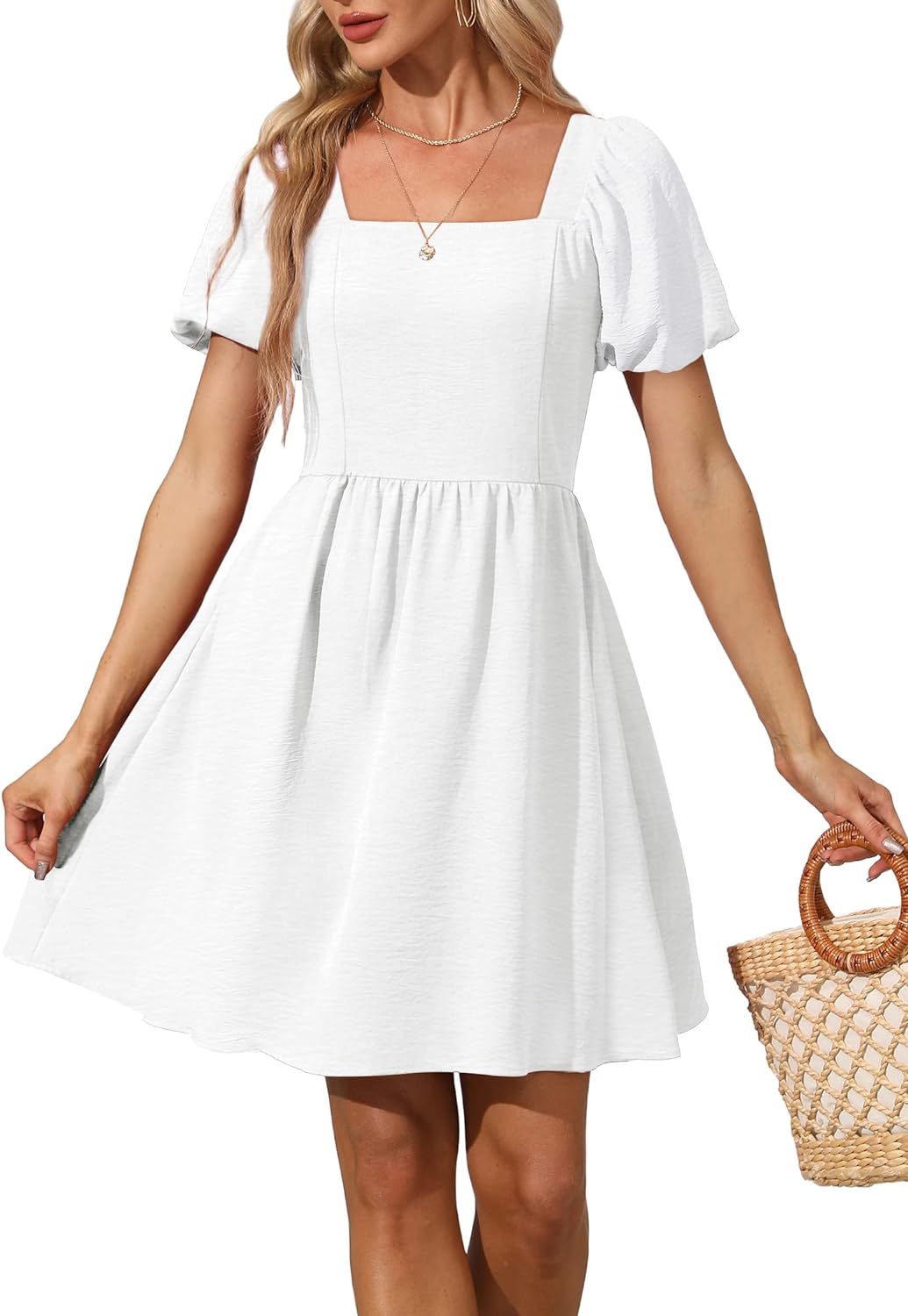 Women Puff Sleeve Square Neck Tie in Back Dresses with Zipper