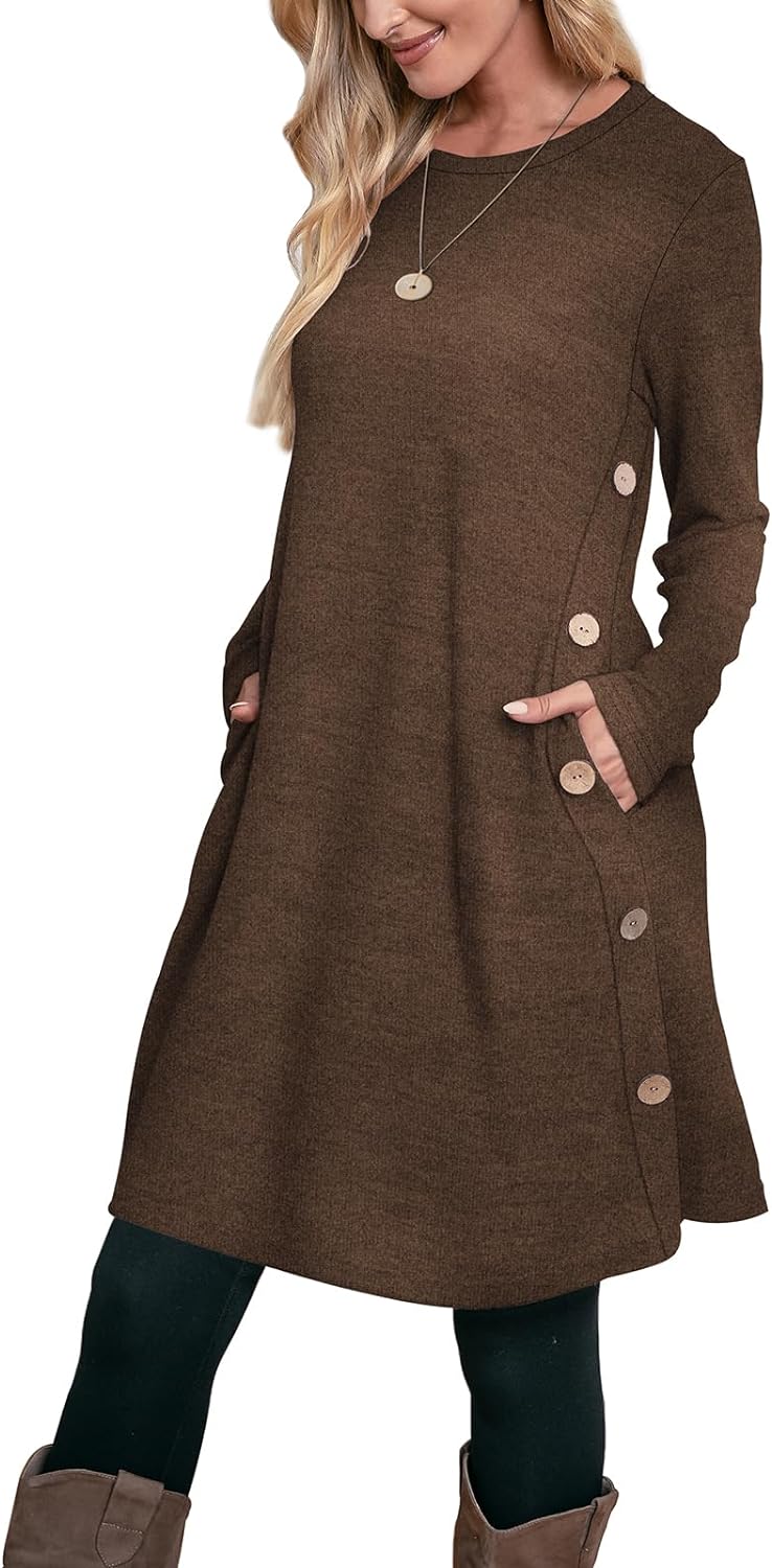 OFEEFAN Women' Winter Dresses Long Sleeve Dress with Pockets Buttons Side