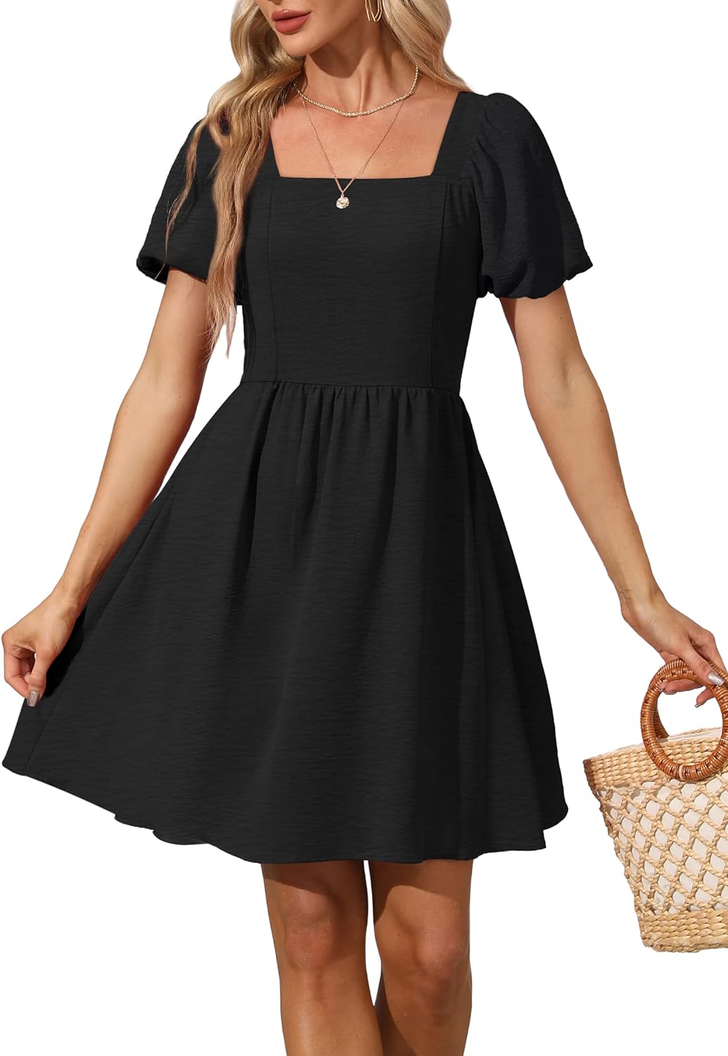 Women Puff Sleeve Square Neck Tie in Back Dresses with Zipper