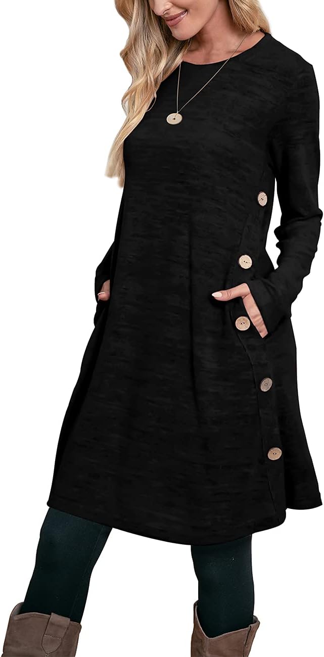 OFEEFAN Women' Winter Dresses Long Sleeve Dress with Pockets Buttons Side