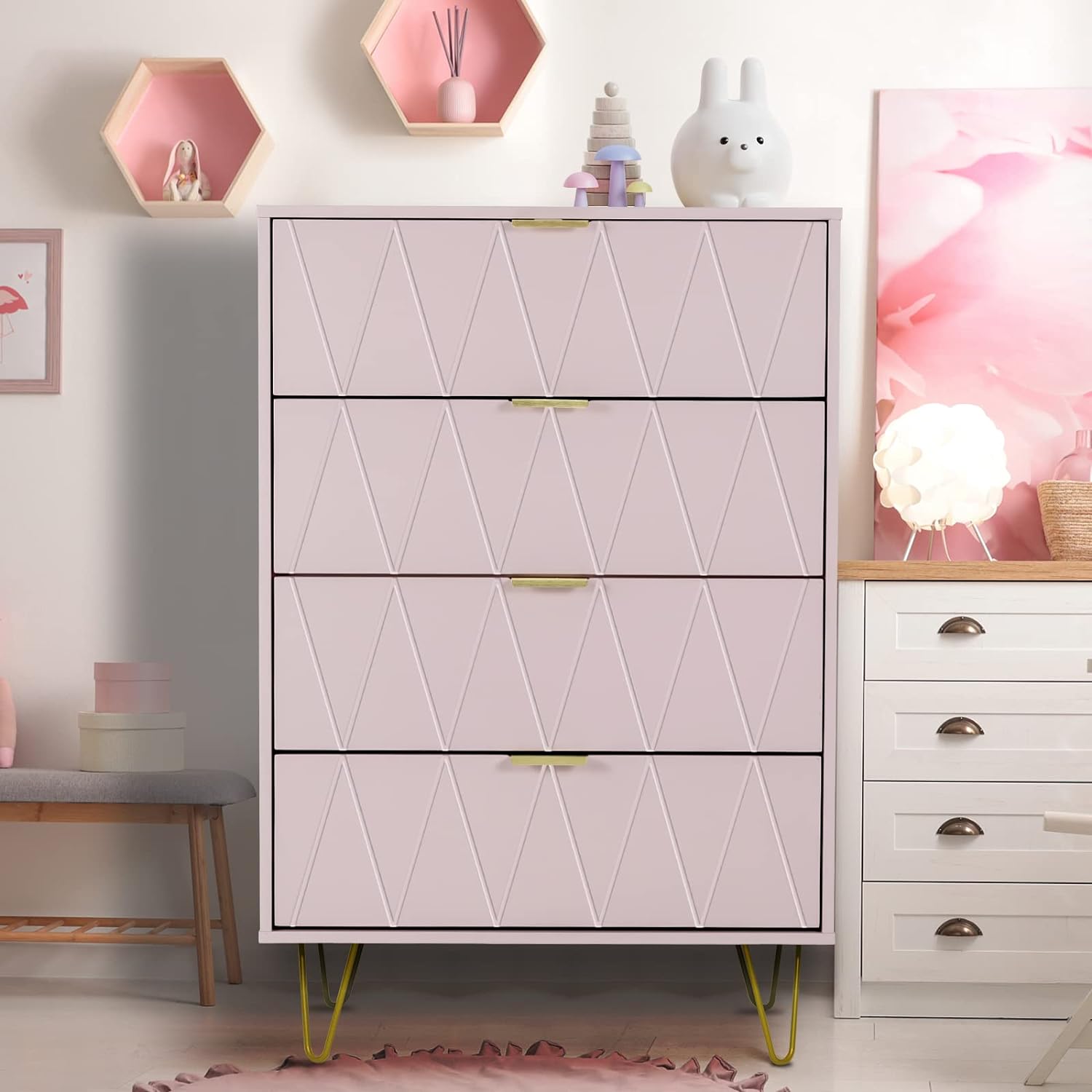 UEV New 4 Drawer Dresser,Chest of Drawers,Wooden Dresser with 4 Metal Legs,Tall Dresser with Anti-Tipping Device,Dresser Set for Bedroom,Living Room,Closet(Pink)