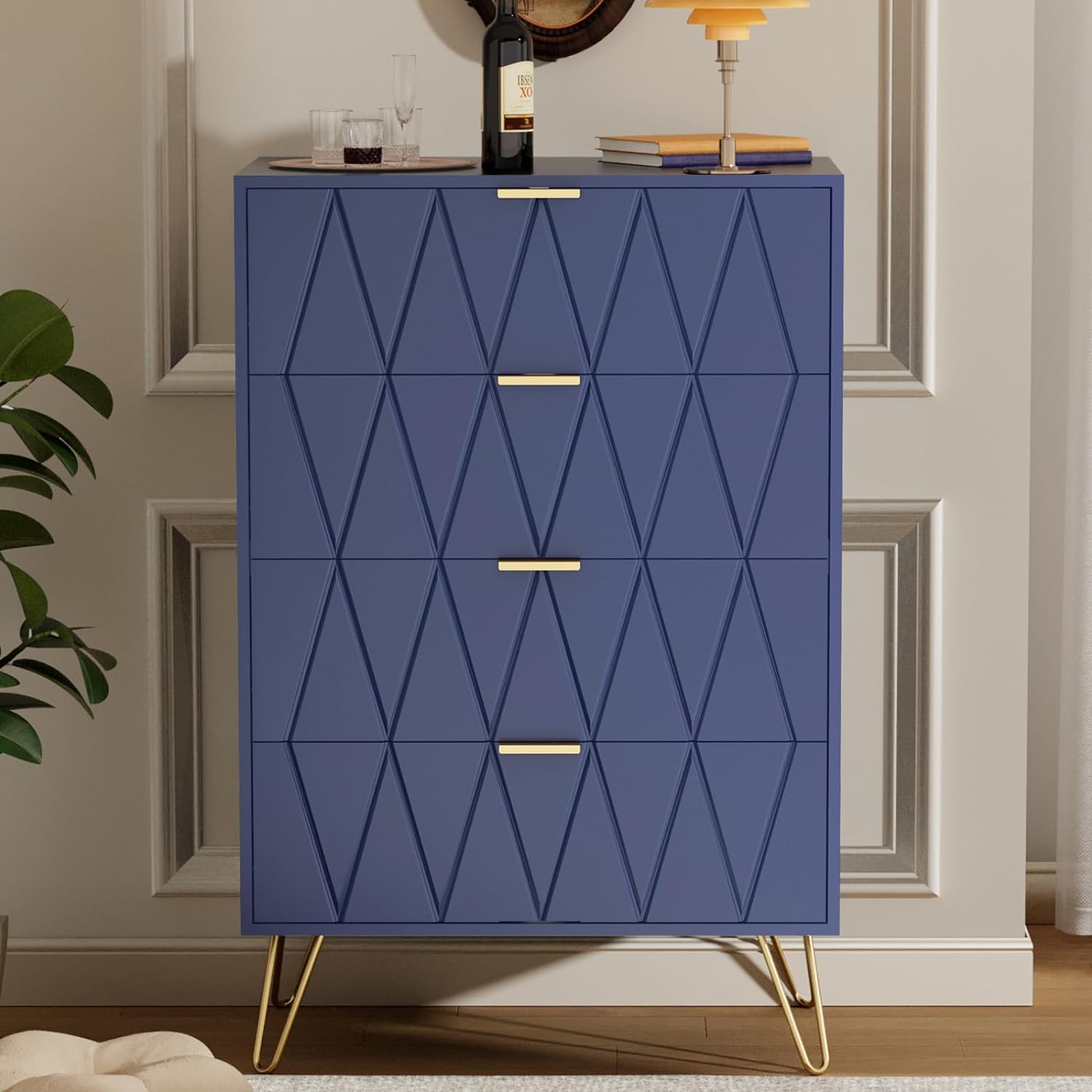 UEV 4 Drawer Dresser,Chest of Drawers,Wooden Dresser with 4 Metal Legs,Tall Dresser with Anti-Tipping Device,Dresser Set for Bedroom,Living Room (Navy Blue)