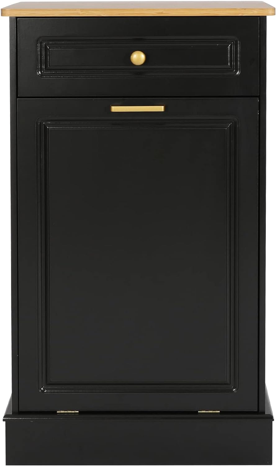 UEV Tilt Out Trash Cabinet, Free Standing Kitchen Trash Can Holder or Recycling Cabinet,Wooden Trash Cabinet with Gold Handles and Knobs,Solid Workmanship and New 2023 Design(Black-Gold)