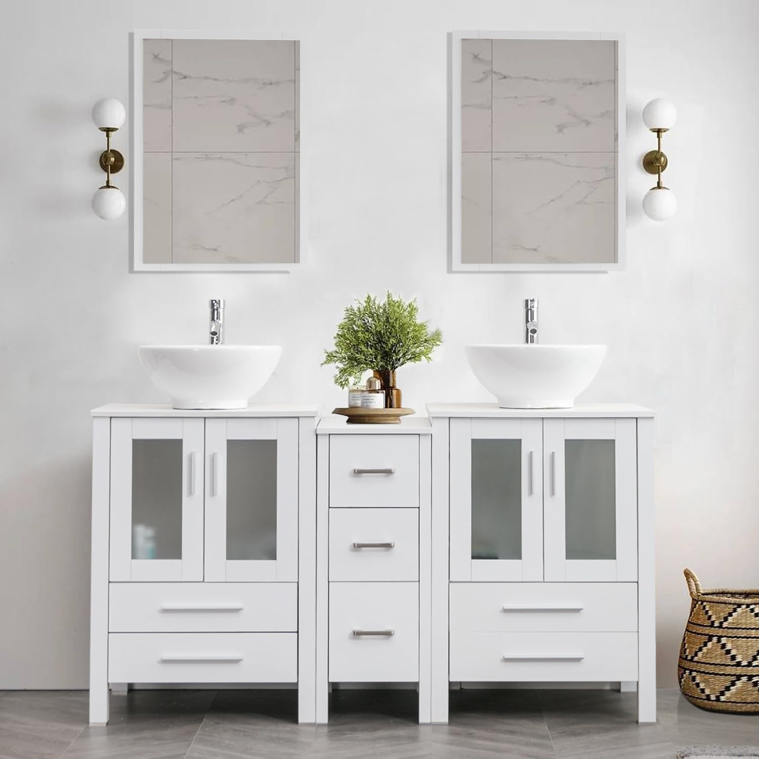 UEV 60 White Bathroom Vanity Set, Double Vanity with Double Vessel Sink Combo and Removable Side Cabinet (A06 Vessel Set)