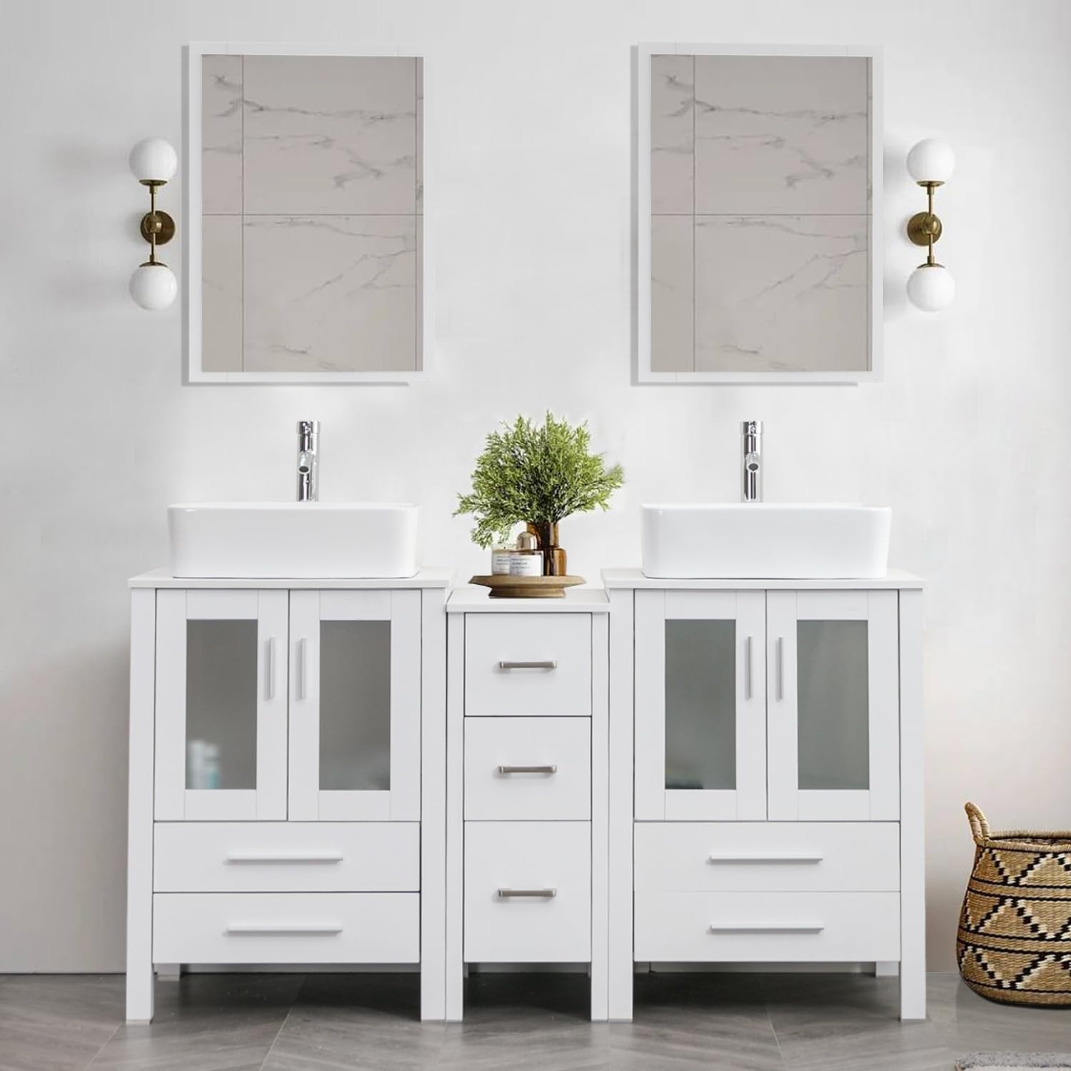 UEV 60 White Bathroom Vanity Set, Double Vanity with Double Vessel Sink Combo and Removable Side Cabinet (T03 Vessel Set)