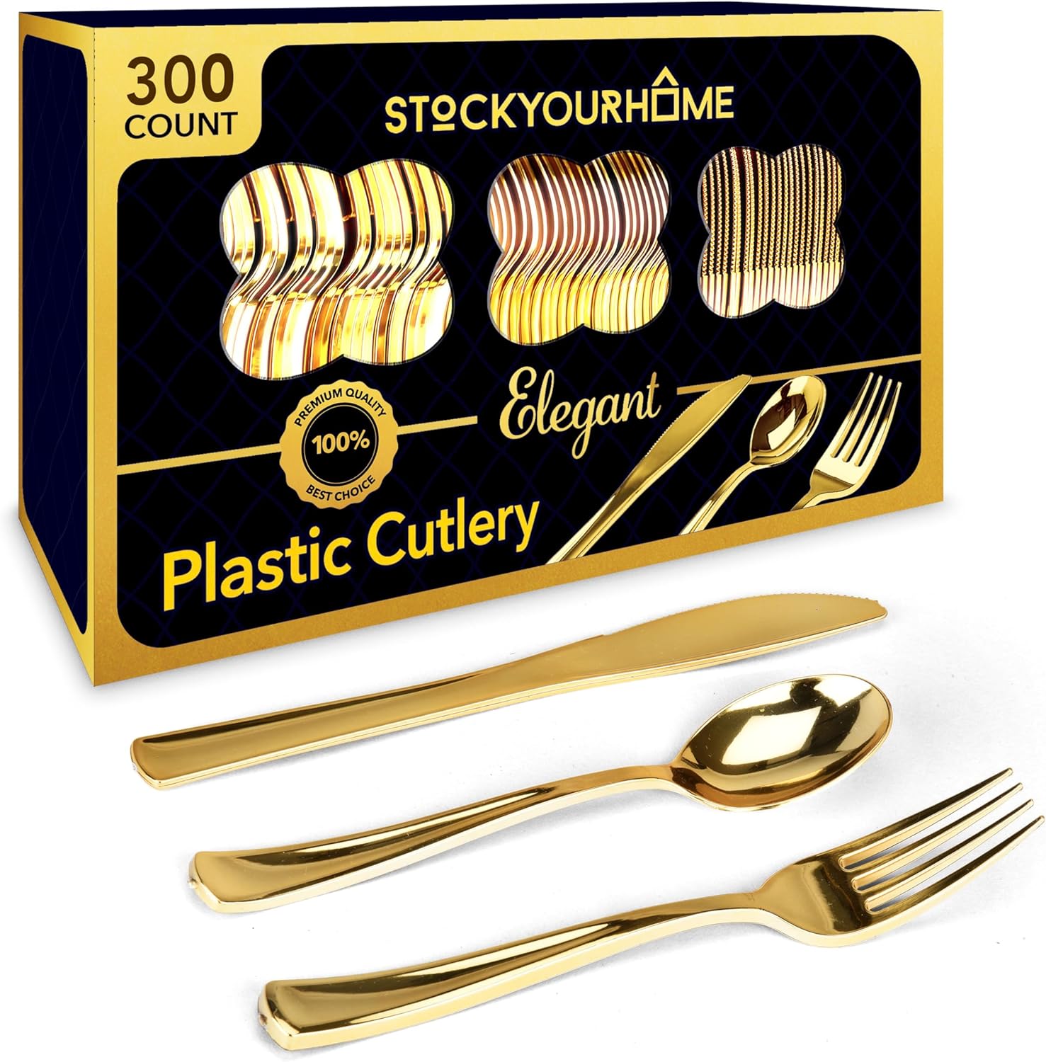 Gold Plastic Silverware Set (300 Bulk Pack) Disposable Cutlery Utensils,100 Gold Forks,100 Gold Knives, 100 Gold Spoons, Heavy Duty Flatware For Holidays, Parties, Dinners, Weddings, and Occasions