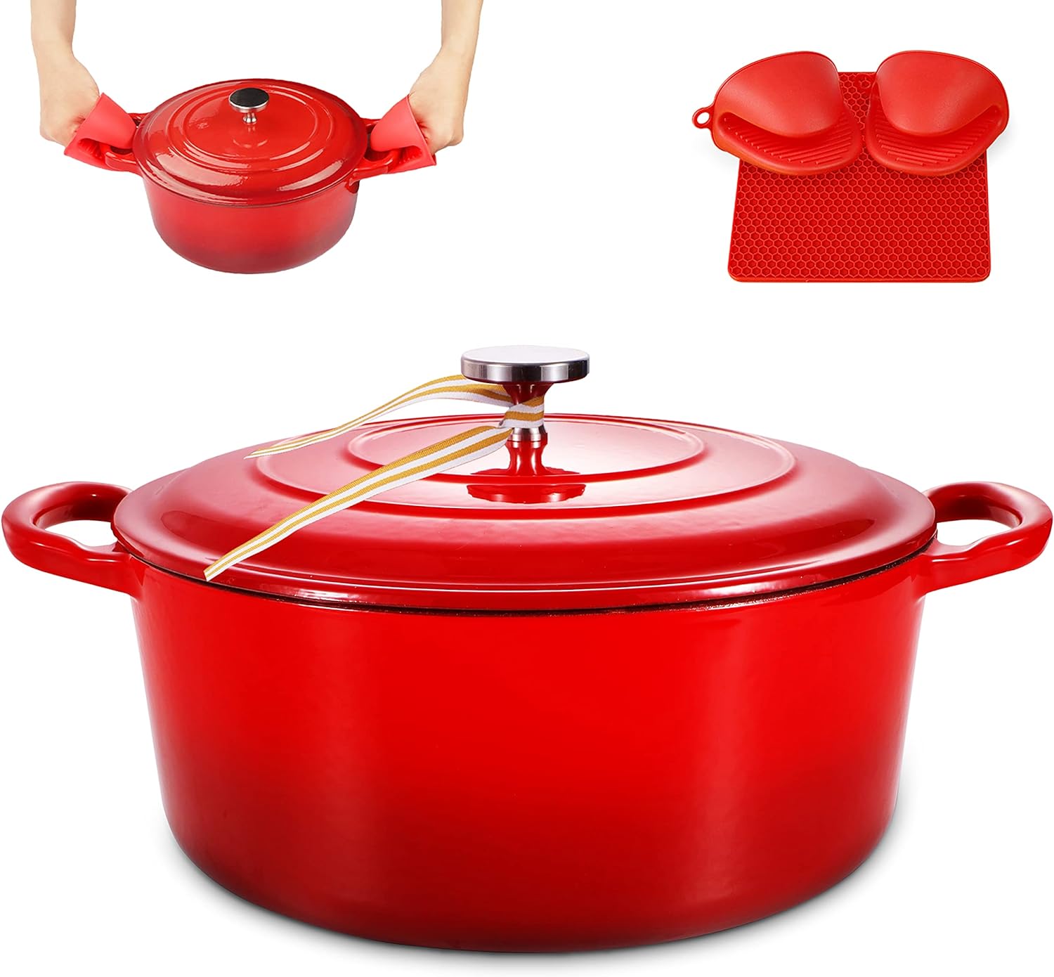 6 Quart Enameled Dutch Oven, Cast Iron Dutch Oven, Covered Dutch Oven, Enamel Stockpot with Lid, Red