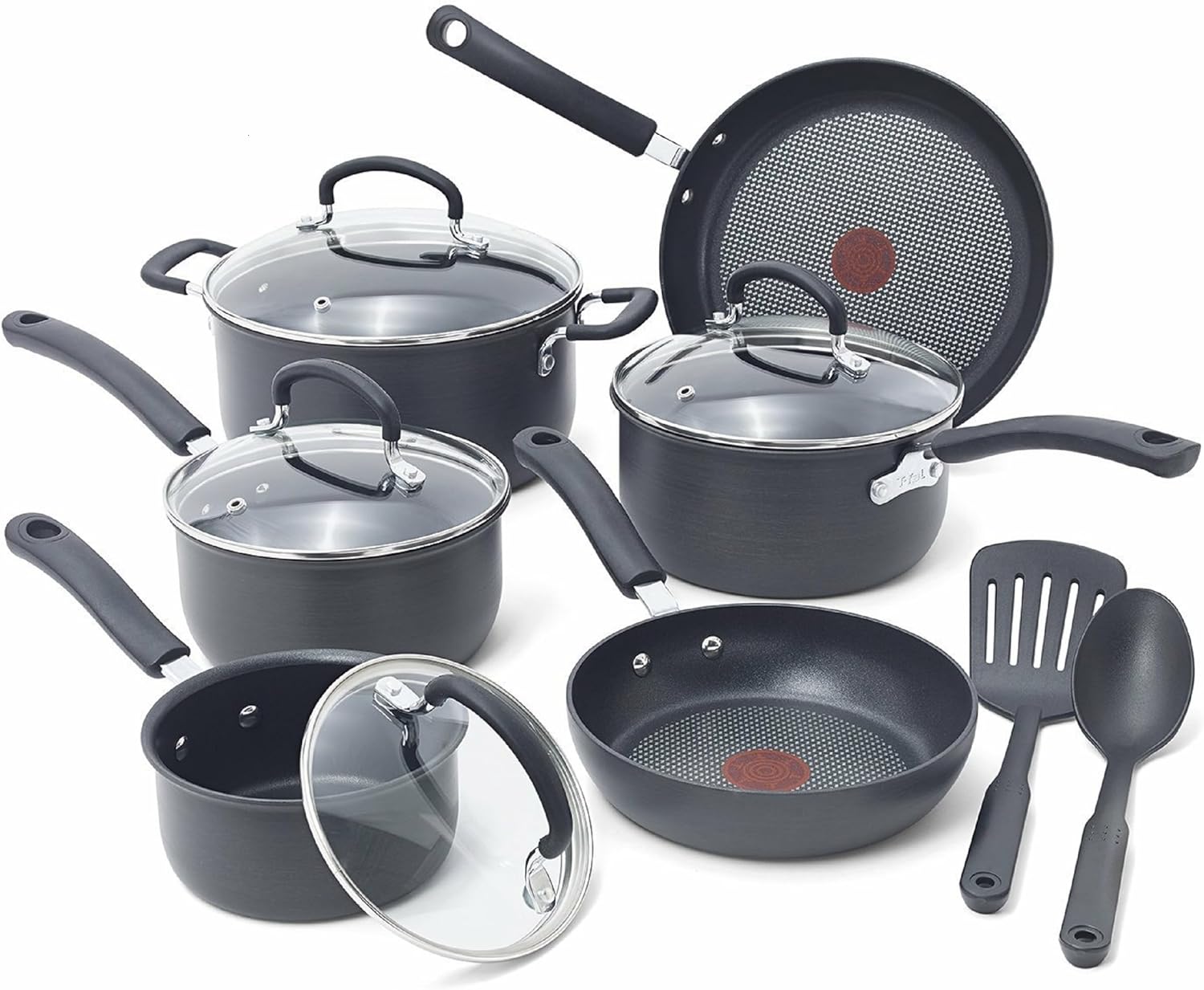 T-fal Ultimate Hard Anodized Nonstick Cookware Set 12 Piece Oven Safe 400F, Lid Safe 350F Pots and Pans, Dishwasher Safe Black