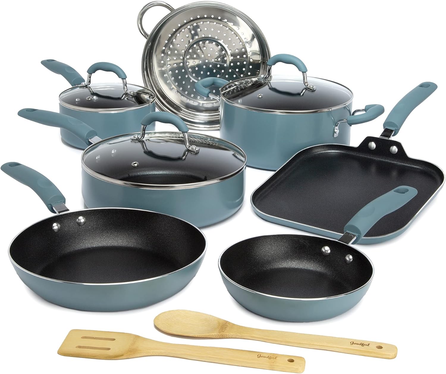 Goodful Premium Nonstick Pots and Pans Set, Diamond Reinforced Non-Stick Coating, Made Without PFOA, Dishwasher Safe, 12-Piece, Turquoise