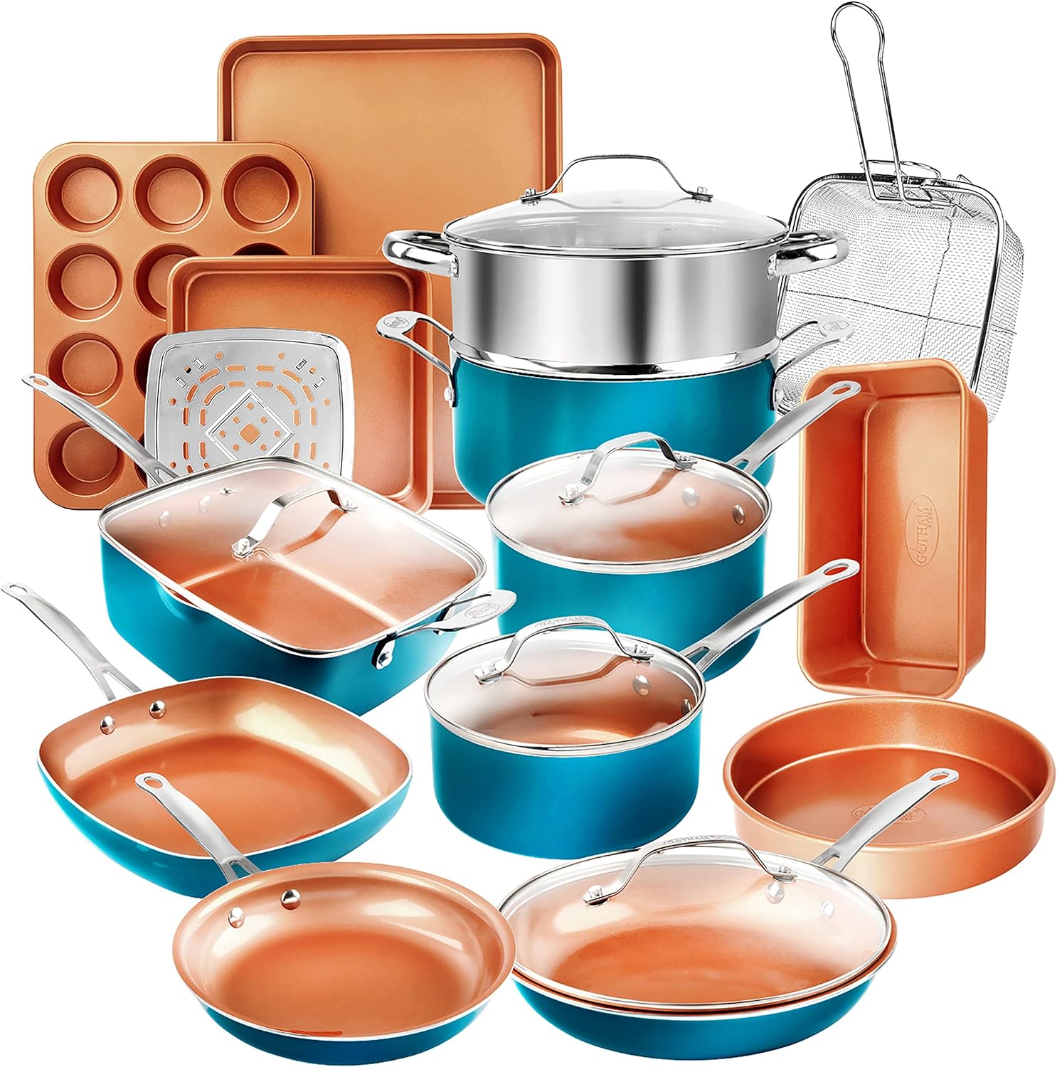 Gotham Steel 20 Piece Copper Pots and Pans Set Nonstick Cookware Set + Complete Ceramic Bakeware Set for Kitchen with Long Lasting Non Stick, Dishwasher/Oven Safe, Non Toxic  Turquoise