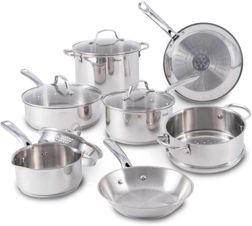 T-fal Stainless Steel Cookware Set 11 Piece Induction Oven Broiler Safe 500F Pots and Pans, Dishwasher Safe Silver