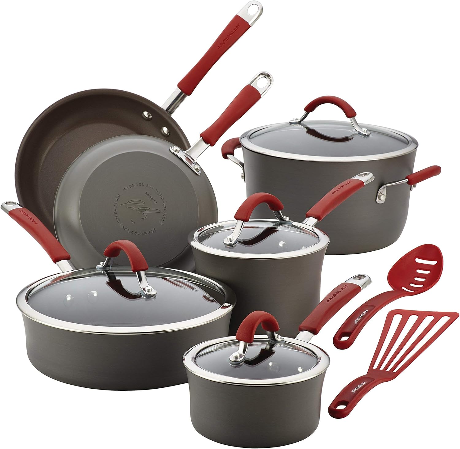 Rachael Ray - 87630 Rachael Ray Cucina Hard Anodized Nonstick Cookware Pots and Pans Set, 12 Piece, Gray with Red Handles