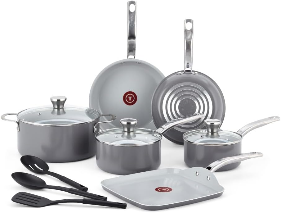 T-fal Fresh Gourmet Recycled Ceramic Nonstick Cookware Set, 12 Piece, Oven Broiler Safe 500F, Lid Safe 350F Pots and Pans, Grey