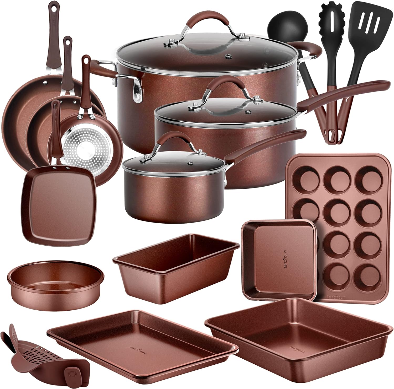 NutriChef 20-Pc. Nonstick Kitchen PTFE/PFOA/PFOS-Free Heat Resistant Silicone Handles Cookware Bakeware Set w/Saucepan, Frying Pans, Cooking, Oven Pot, Lids, Utensil, Brown-NCCW20SBR, Brown