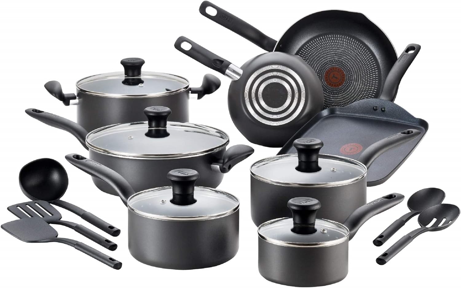 T-fal Initiatives Nonstick Cookware Set 18 Piece Oven Safe 350F Pots and Pans, Dishwasher Safe Black