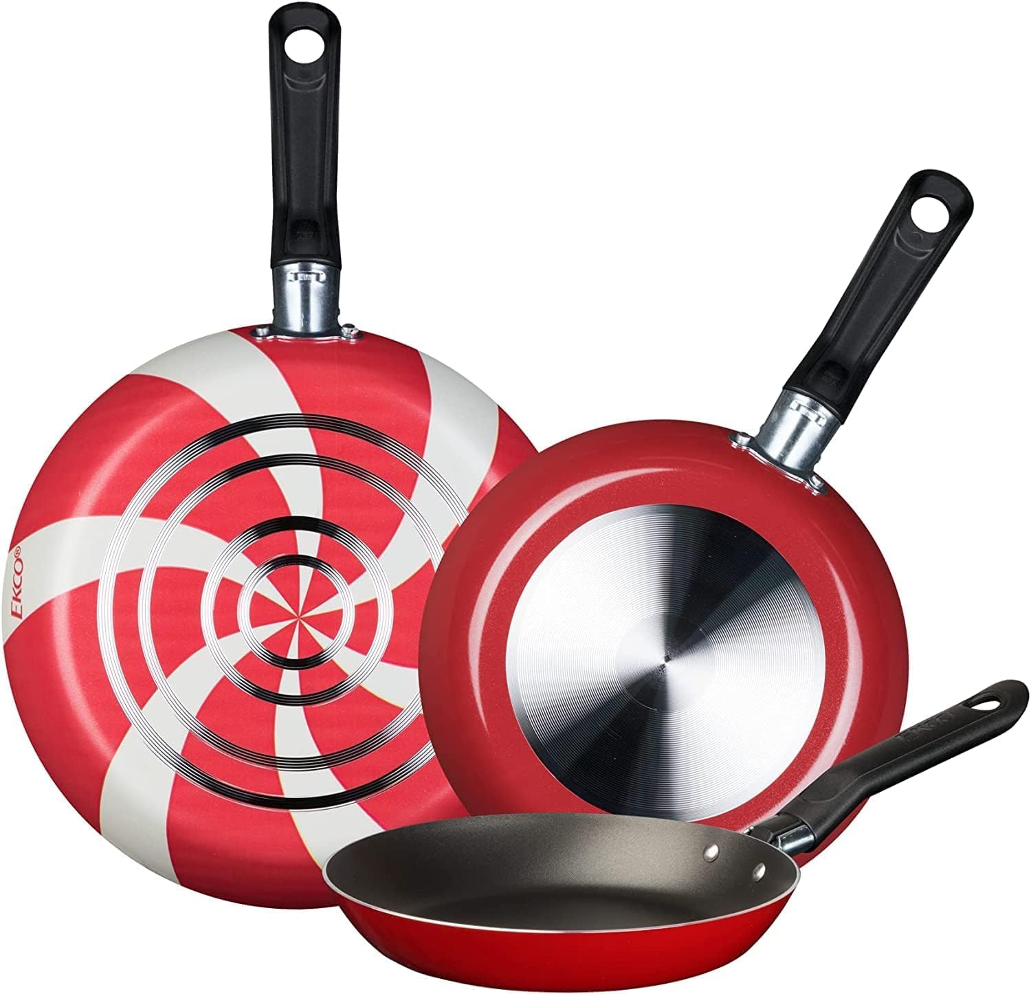 Ekco 3-Piece Frying Pan Set (7.1, 7.9 & 9.4 IN) For all Stovetops, Dishwasher Safe - Lightweight Aluminum Skillets, Non-Stick & Riveted Bakelite Handle (Caramel Red & White) PFOA & PTFE Free