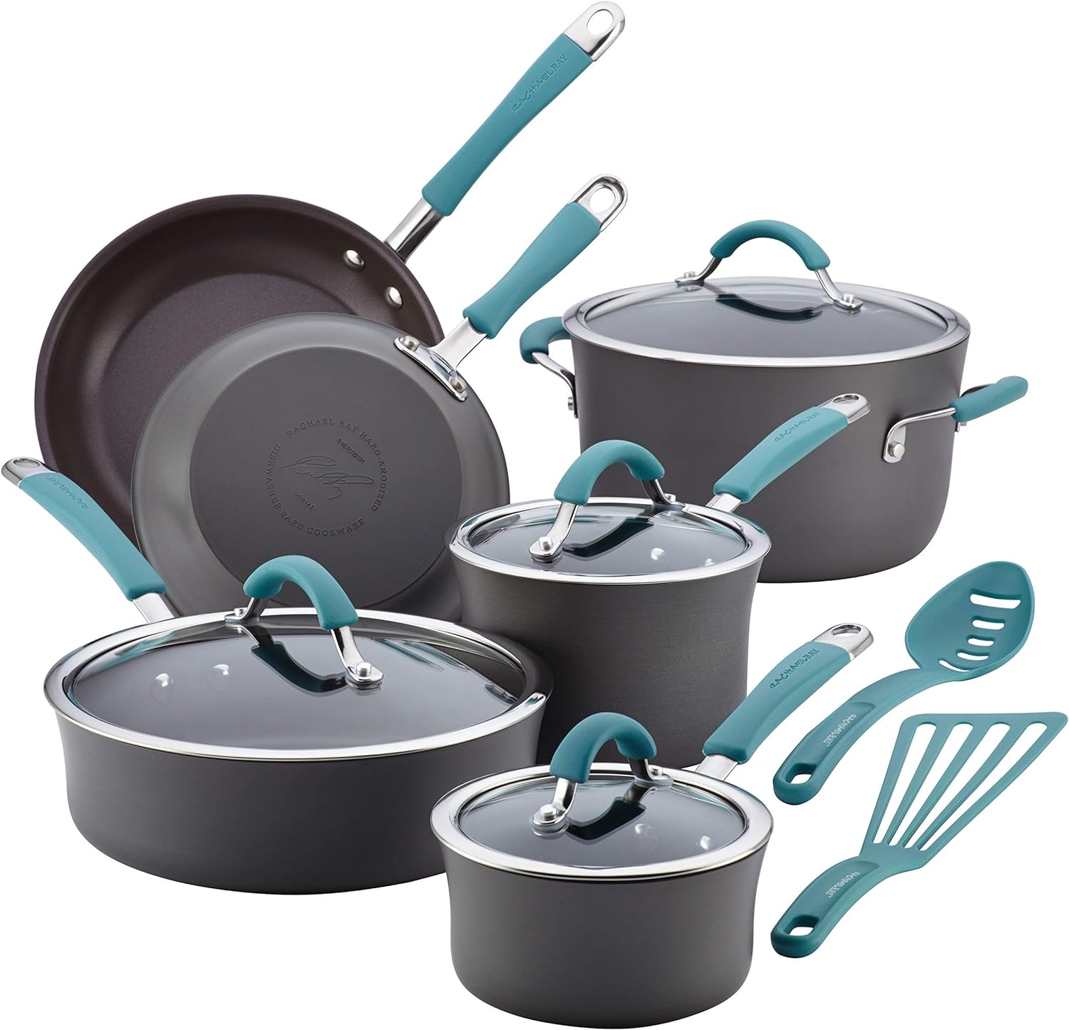 Rachael Ray Cucina Hard Anodized Nonstick Cookware Pots and Pans Set, 12 Piece, Gray with Blue Handles