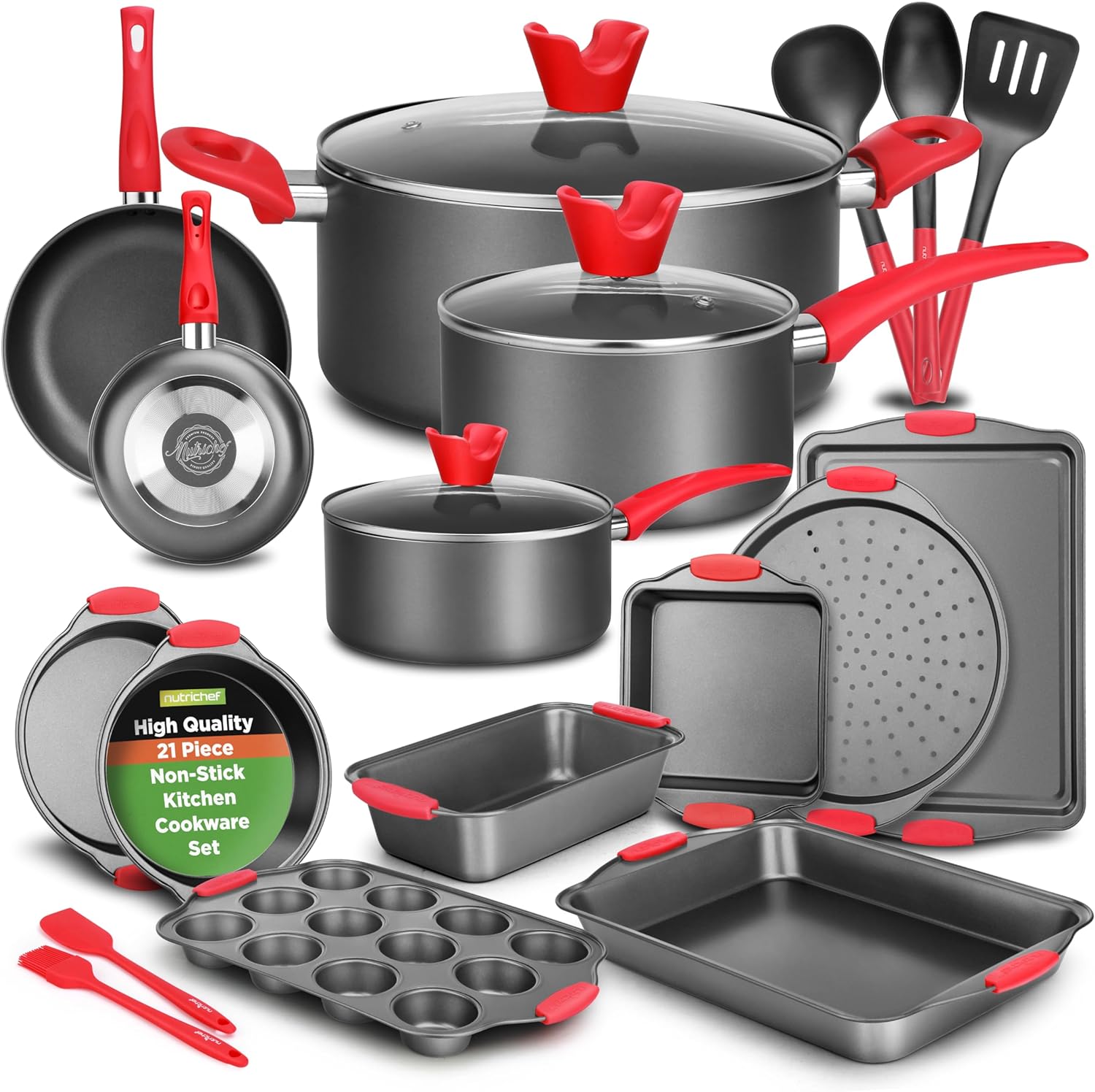 NutriChef 21-Piece Nonstick Cookware Set - PTFE/PFOA/PFOS Free Heat Resistant Lacquer Kitchen Ware Pots Pan w/ Cool-Touch Handles, Saucepan, Fry Pans, Lid, Bakeware, For Gas Electric Ceramic Cooktops