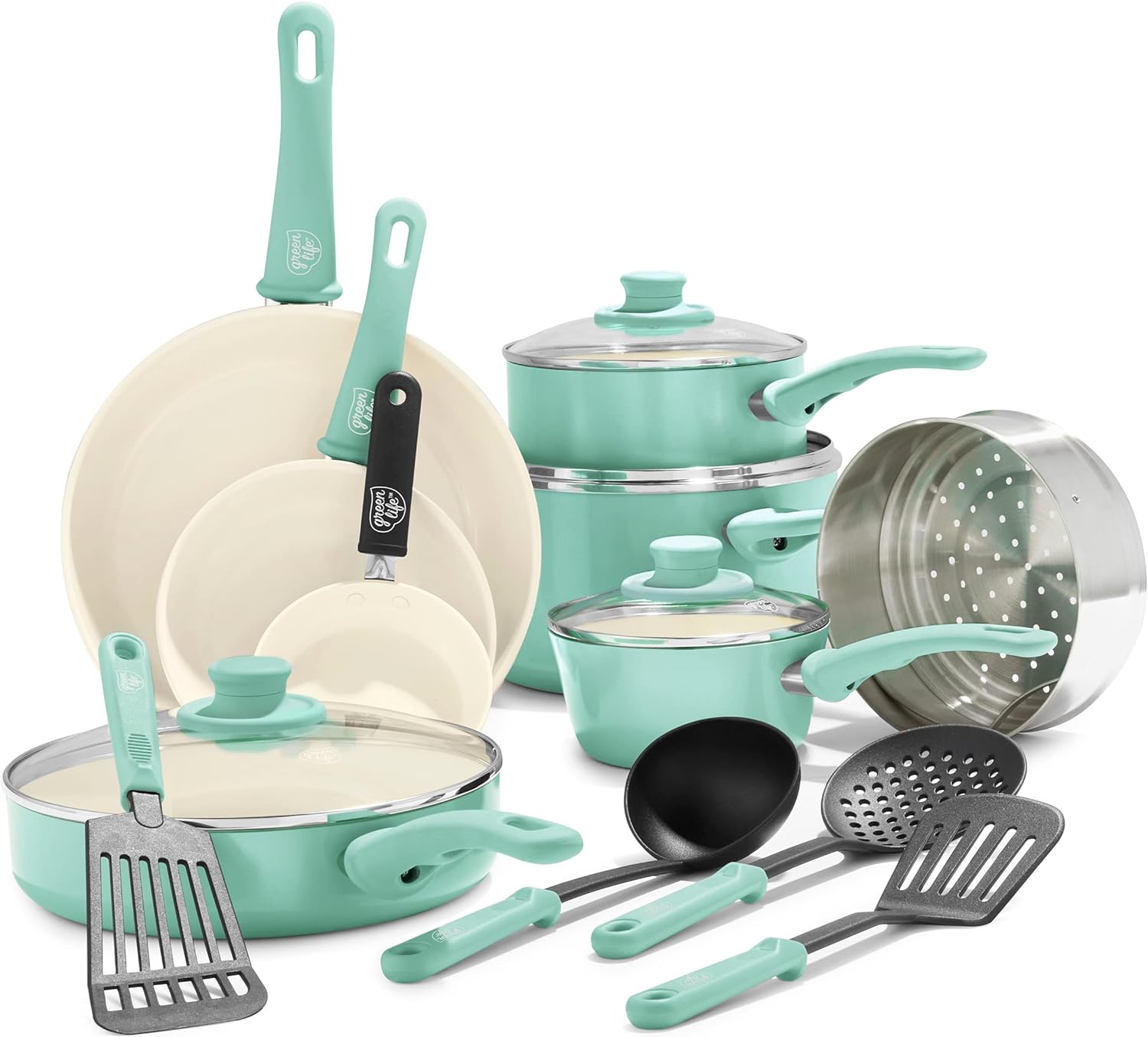 GreenLife Soft Grip Healthy Ceramic Nonstick 16 Piece Kitchen Cookware Pots and Frying Sauce Pans Set, PFAS-Free, Dishwasher Safe, Turquoise