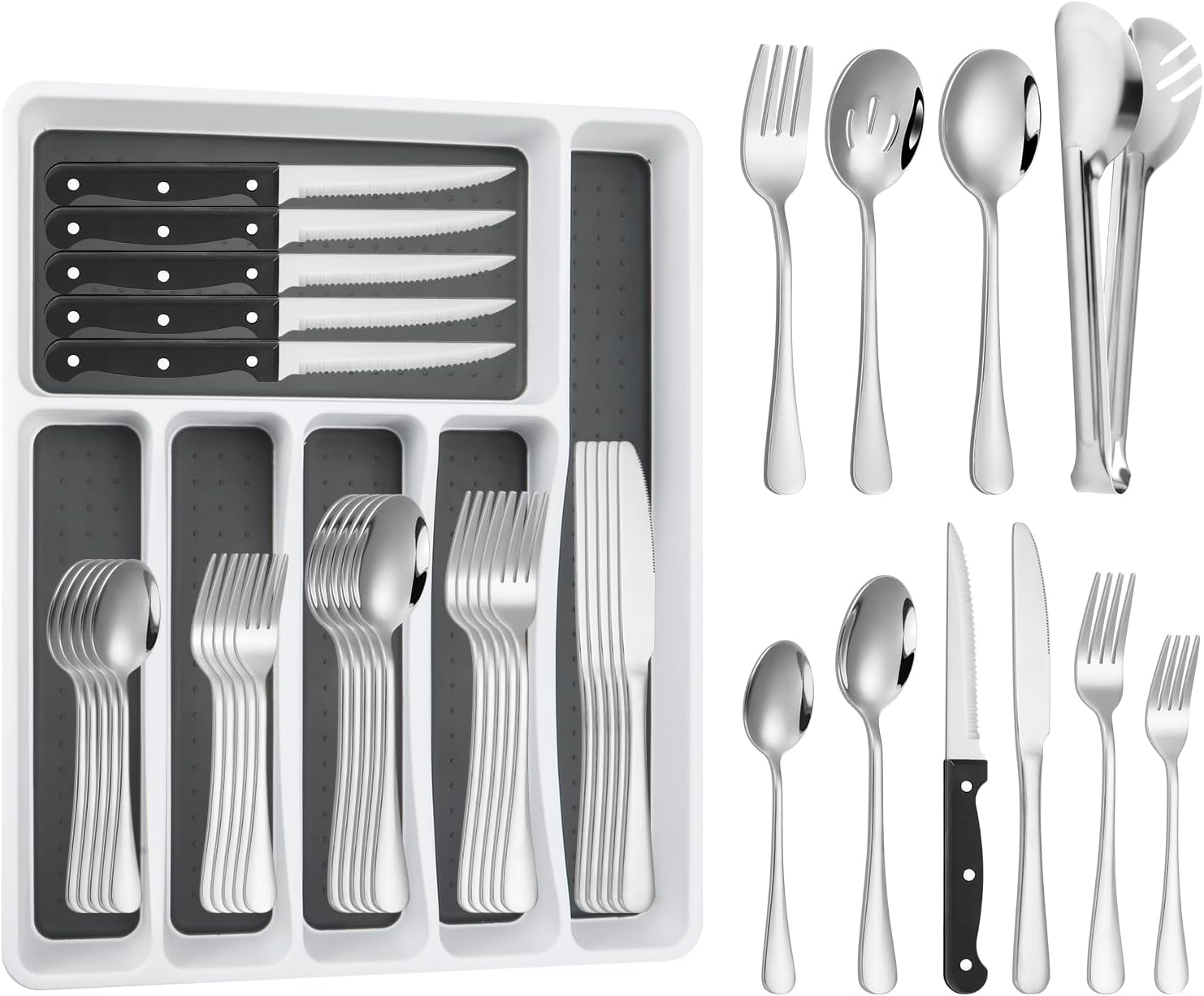 53PCS Silverware Set for 8 with Flatware Drawer Organizer, Stainless Steel Cutlery Set with Steak Knives, Include Spoons and Forks Set & Serving Utensils, Mirror Polished, Silver