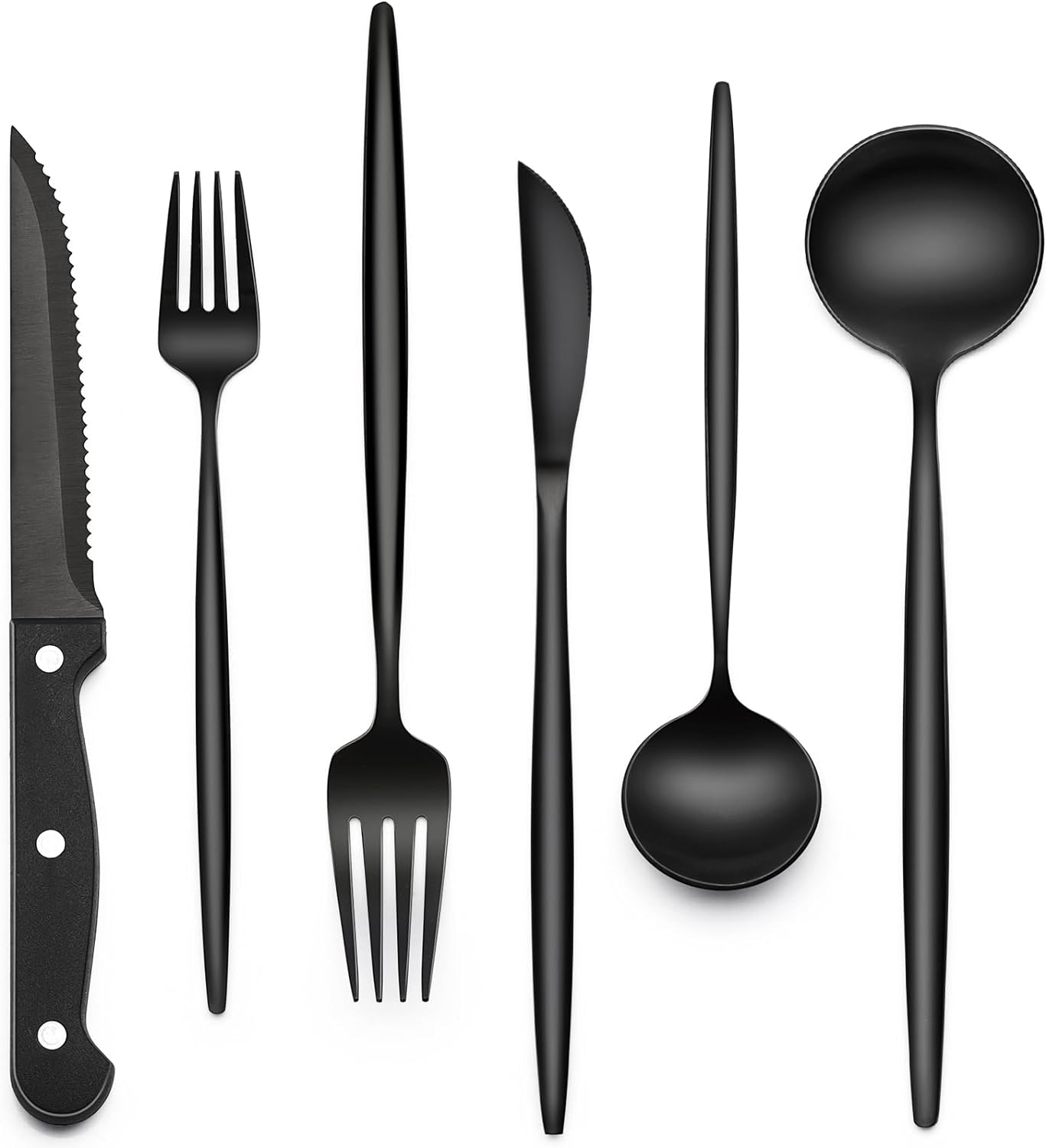 Black Silverware Set with Steak Knives, 24-Piece Stainless Steel Black Flatware Set for 4, Food-Grade Tableware Cutlery Set, Utensil Sets for Home Restaurant, Mirror Finish, Dishwasher Safe