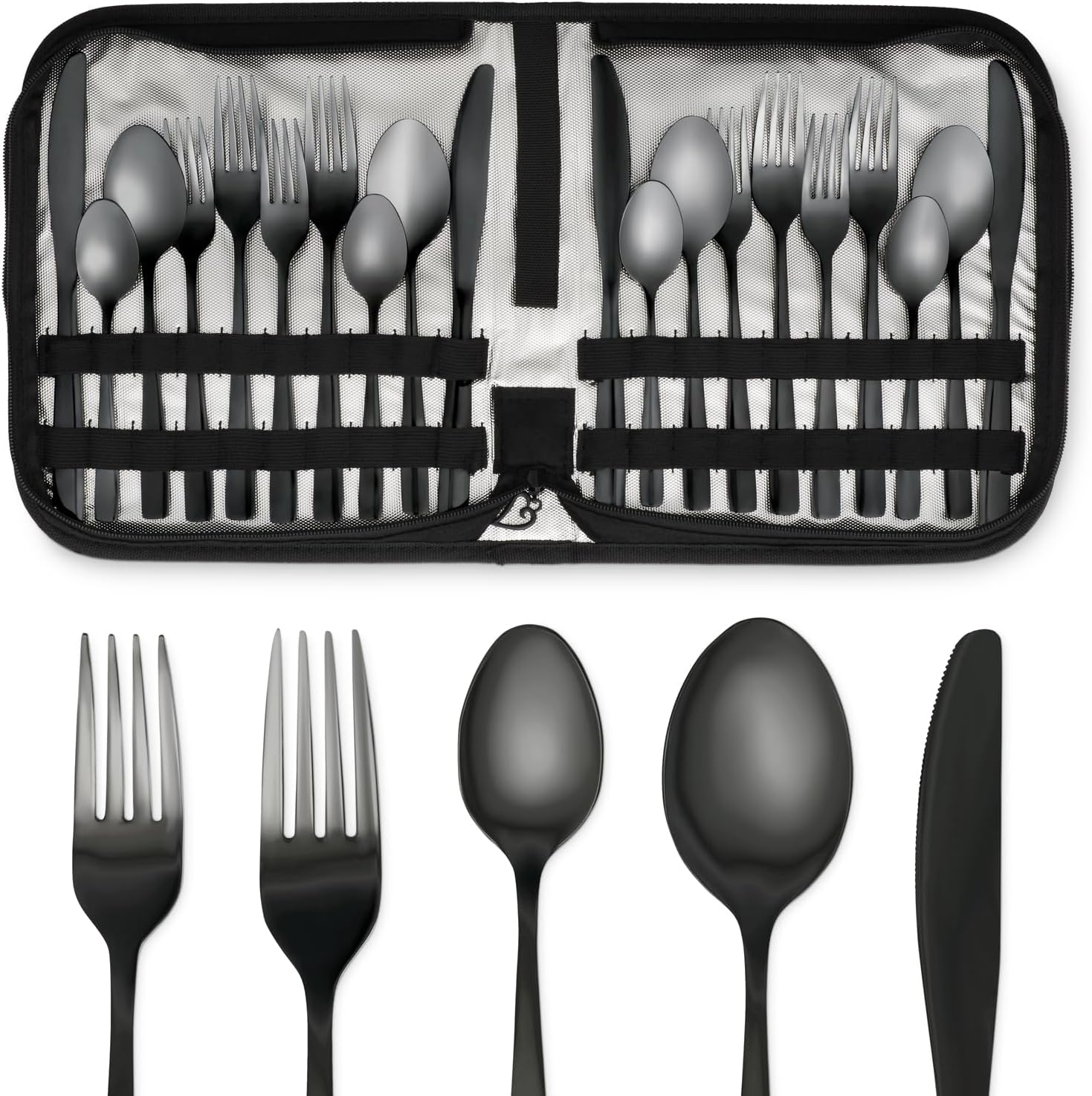 20-Piece Stainless Steel Kitchen Flatware Sets - Cutlery for Home and Restaurant - Knives, Forks and Spoons with organizer travel friendly Storage Case - Black Mirror