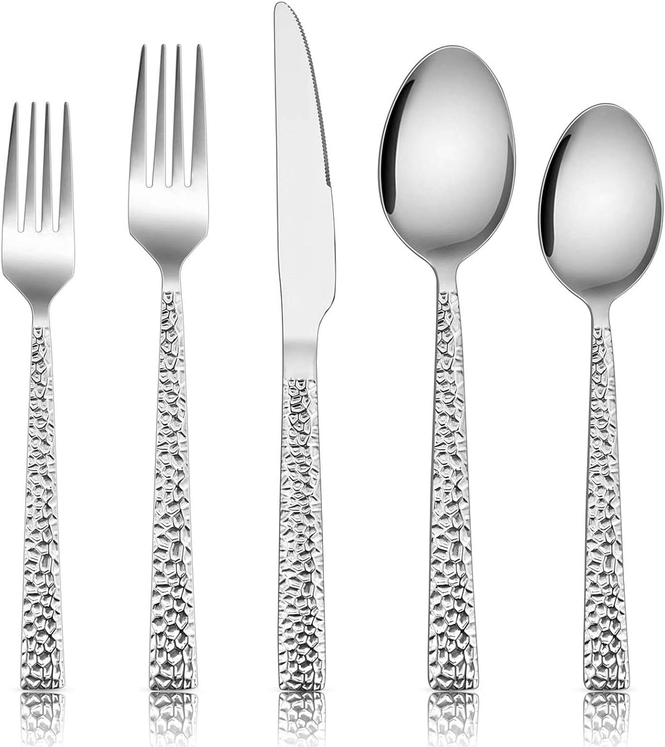 E-far 60-Piece Silverware Set, Hammered Stainless Steel Square Flatware Cutlery Set for 12, Tableware Set Eating Utensils for Home Kitchen Restaurant, Modern Design & Mirror Polished - Dishwasher Safe