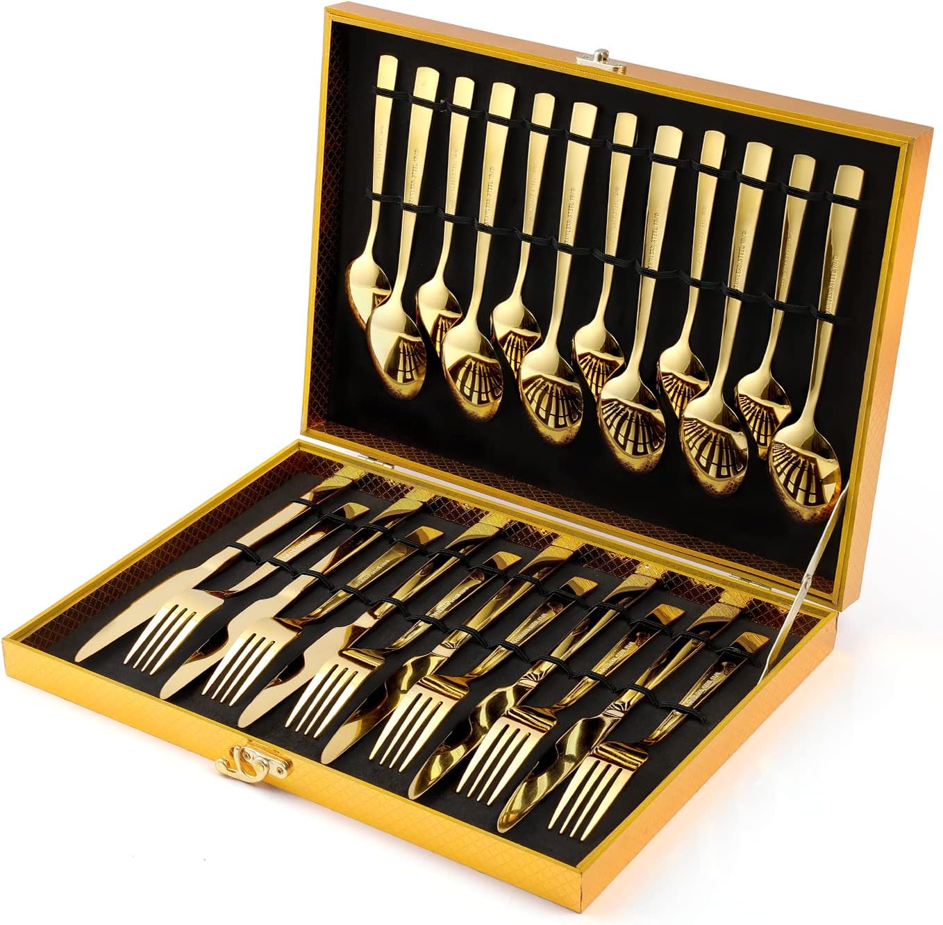 Gold Silverware Set, OGORI 24-Piece Gold Forged Stainless Steel Flatware Set with Square Handle, Service of 6