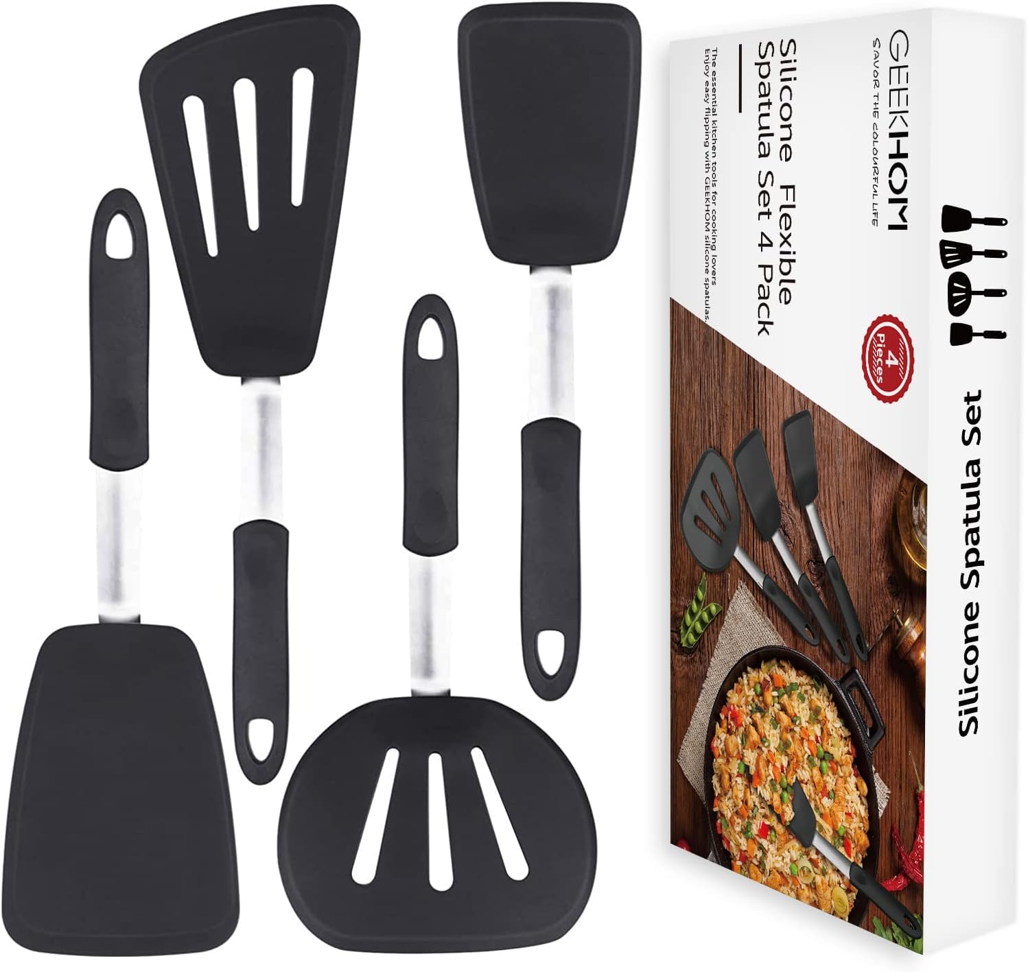 Silicone Spatula Turner Set of 4, GEEKHOM 600F Heat Resistant Cooking Spatulas for Nonstick Cookware, Extra Large Flexible Kitchen Utensils BPA Free Rubber Spatulas for Pancake, Eggs, Fish, Black